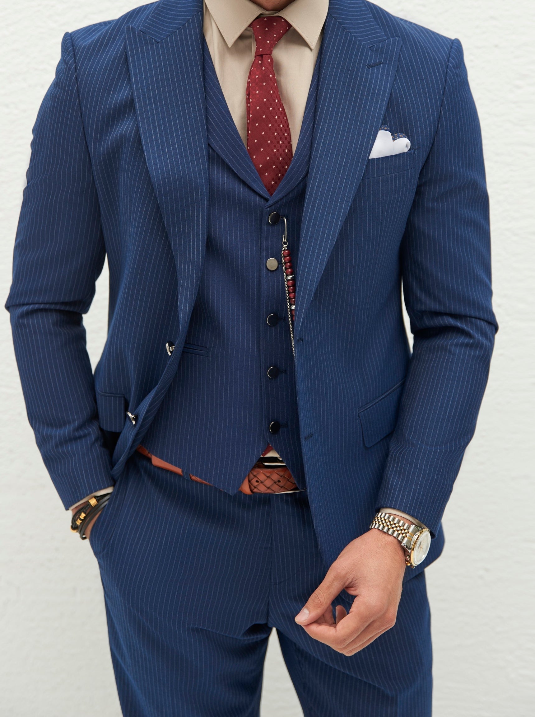 Navy Striped Slim-Fit Suit 3-Piece