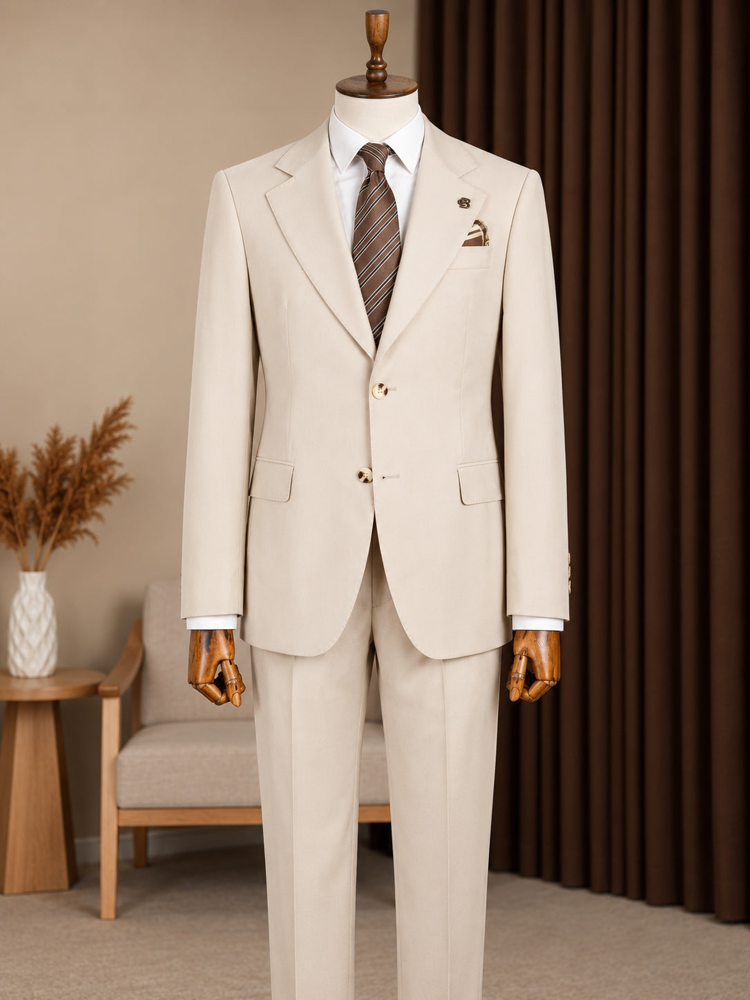 Beige Single Breasted Suit 2-Piece