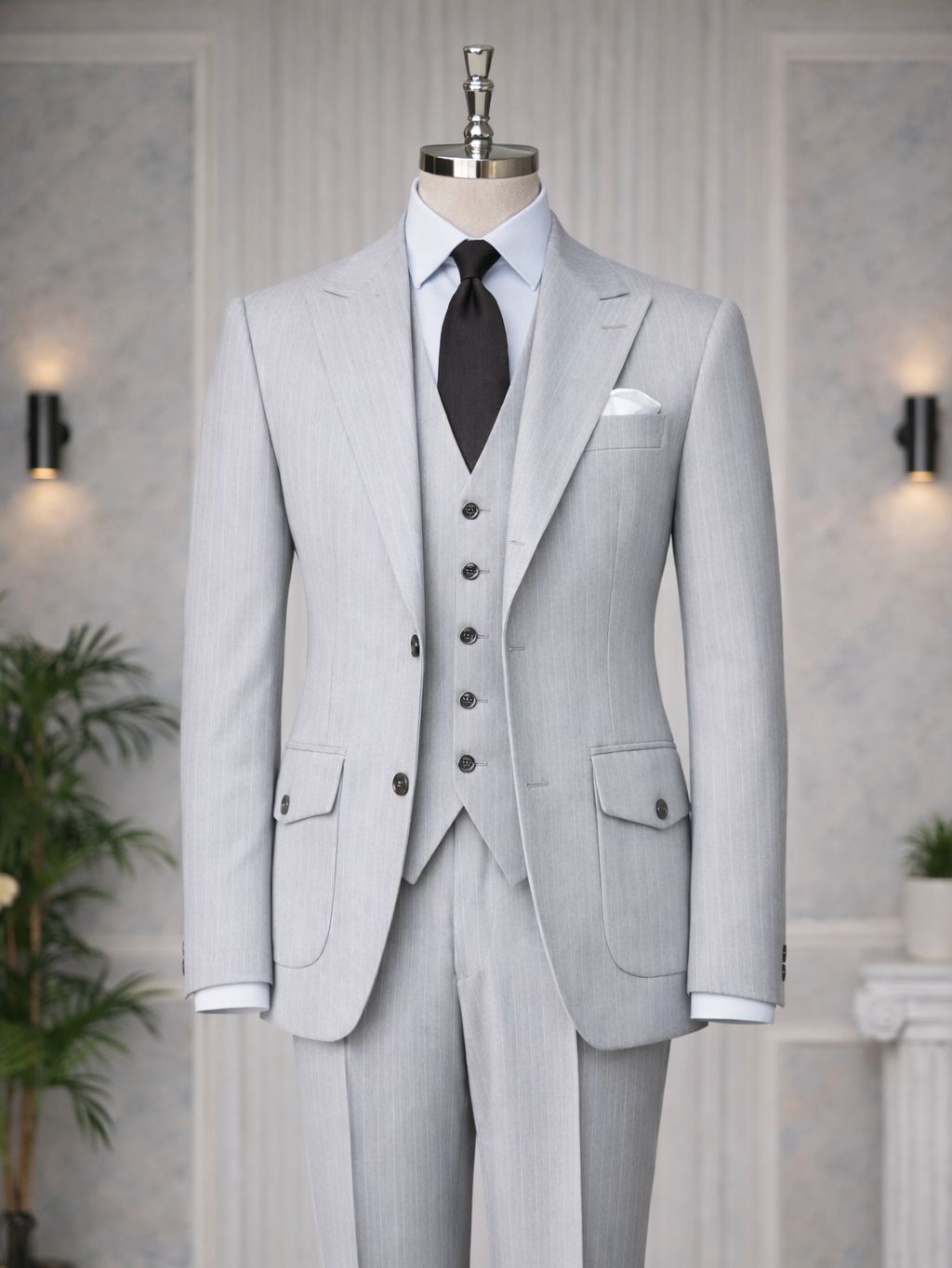 Grey Striped Slim-Fit Suit 3-Piece