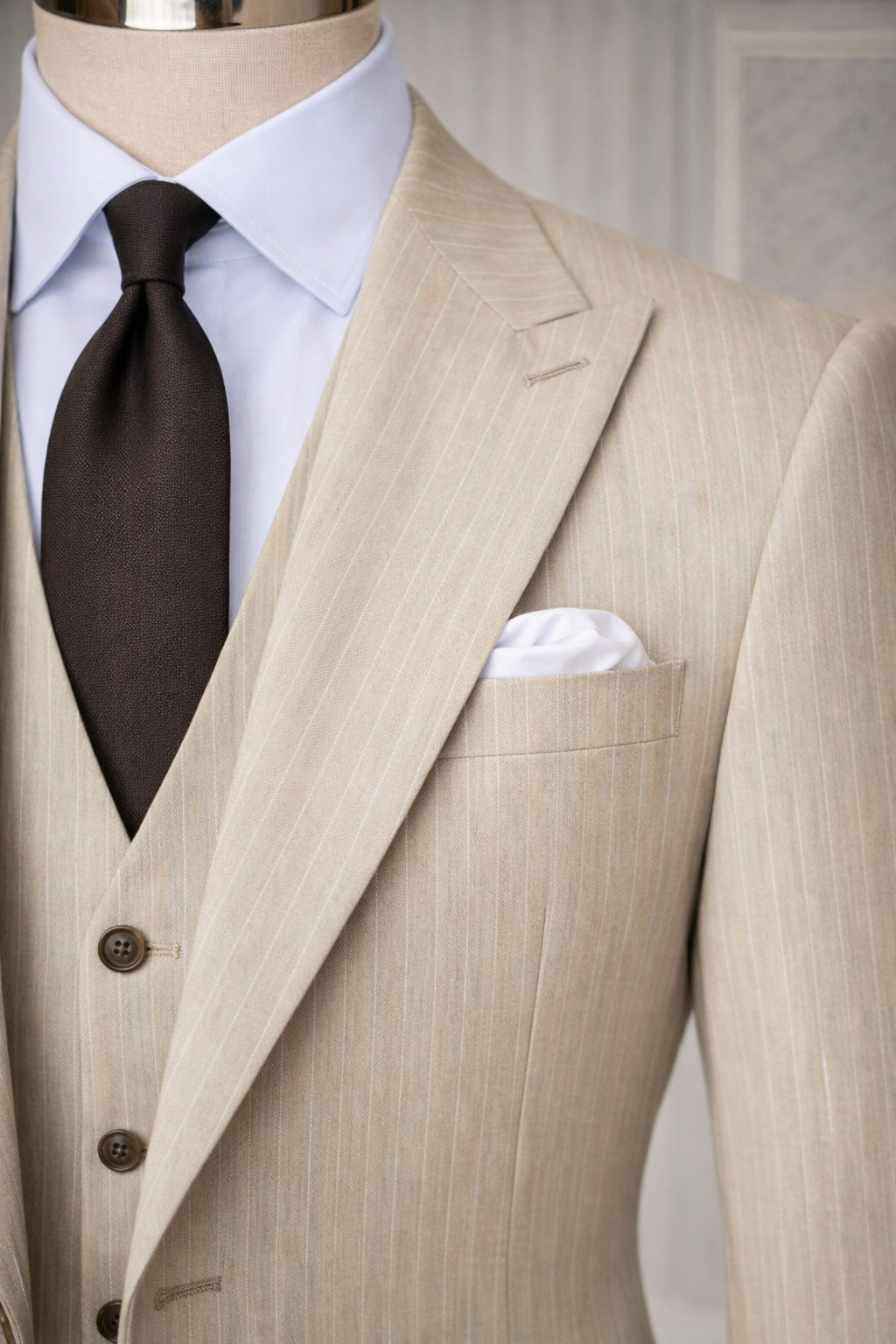 Beige Striped Slim-Fit Suit 3-Piece