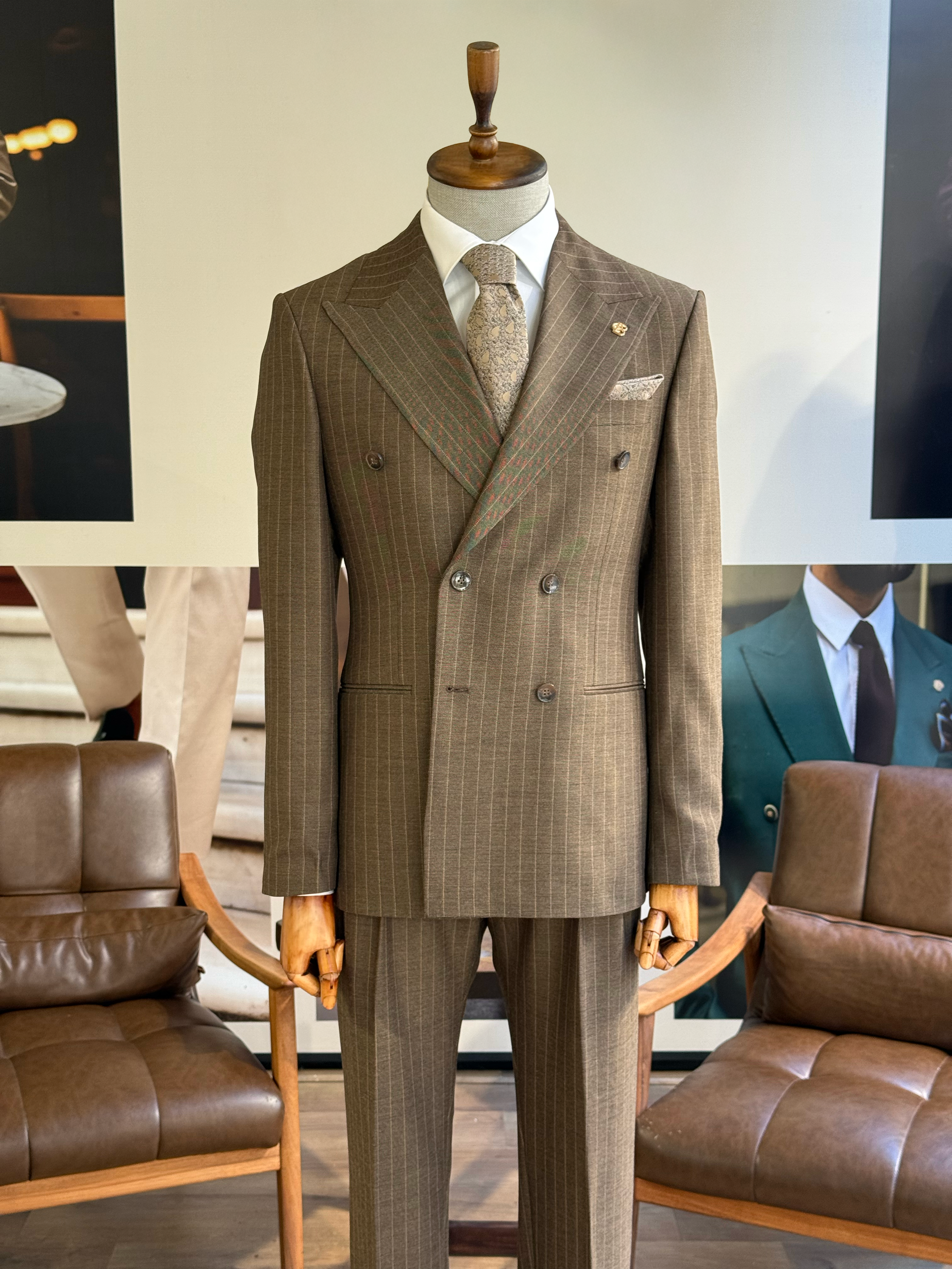Brown Striped Double Breasted Suit 2-Piece