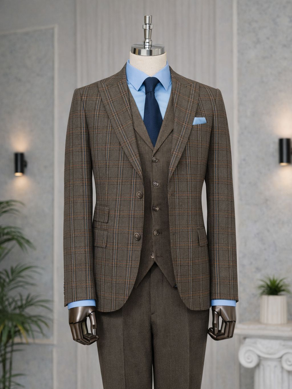 Brown Plaid Slim-Fit Suit 3-Piece