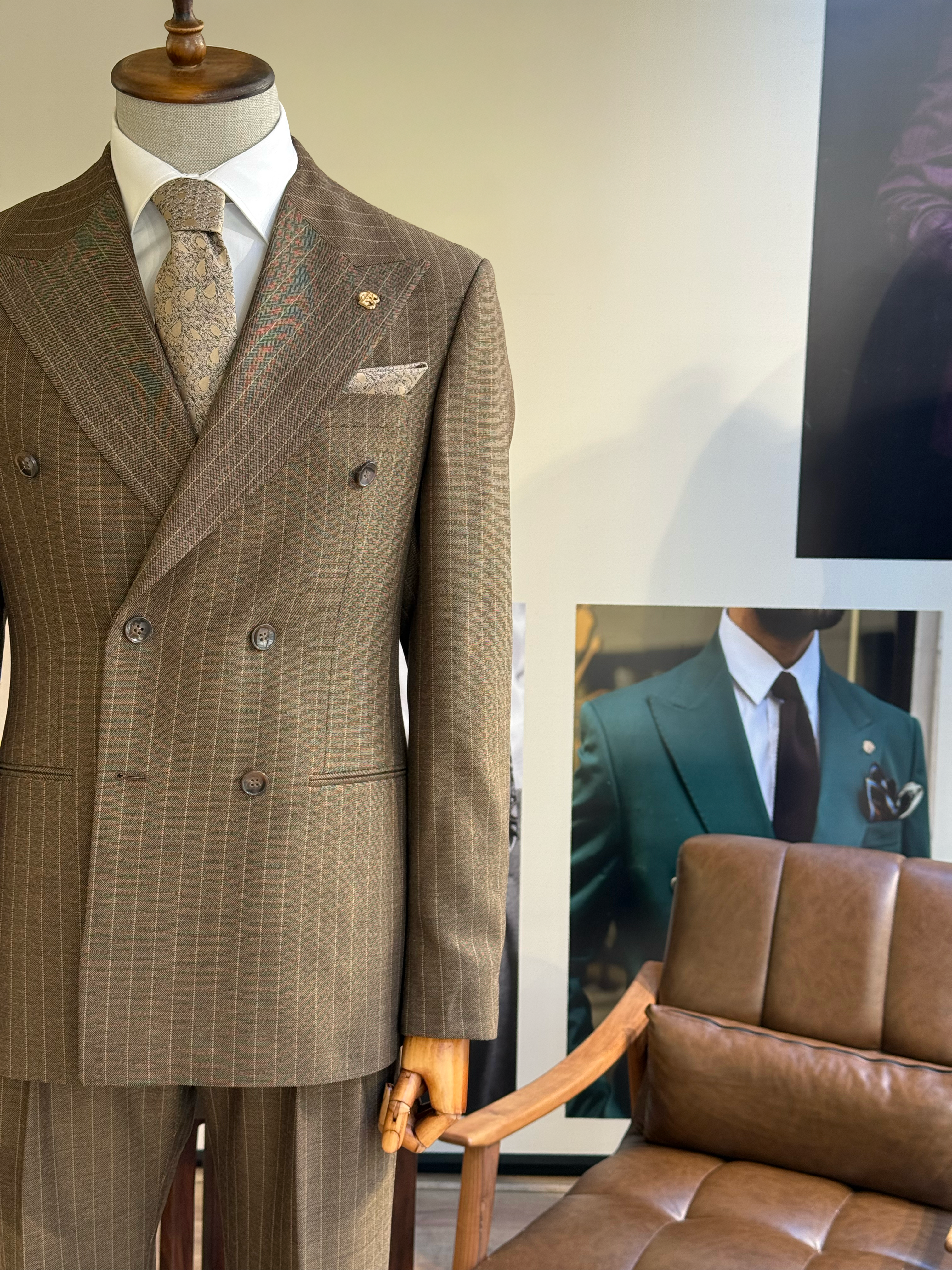 Brown Striped Double Breasted Suit 2-Piece