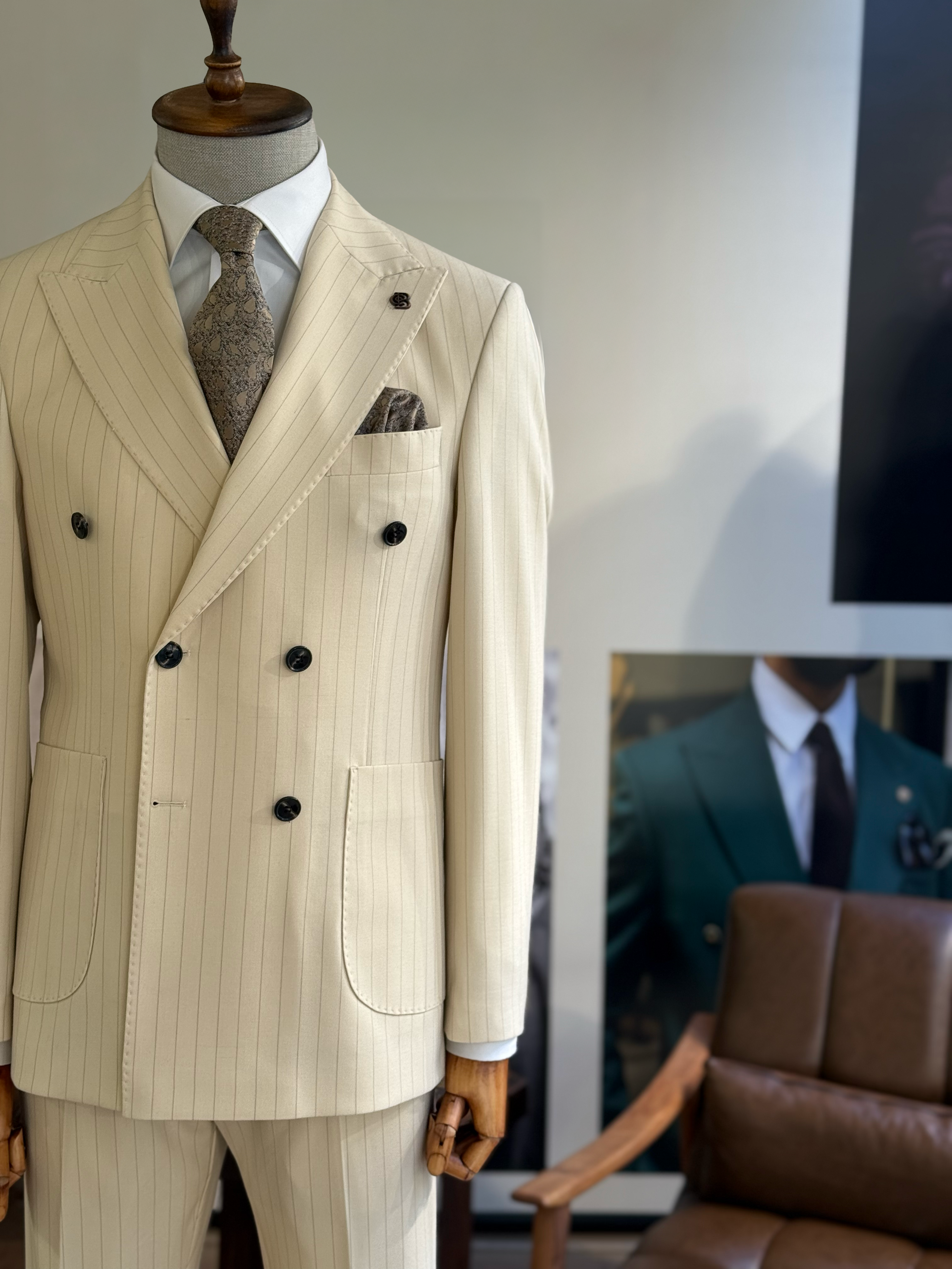 Camel Striped Double Breasted Suit 2-Piece