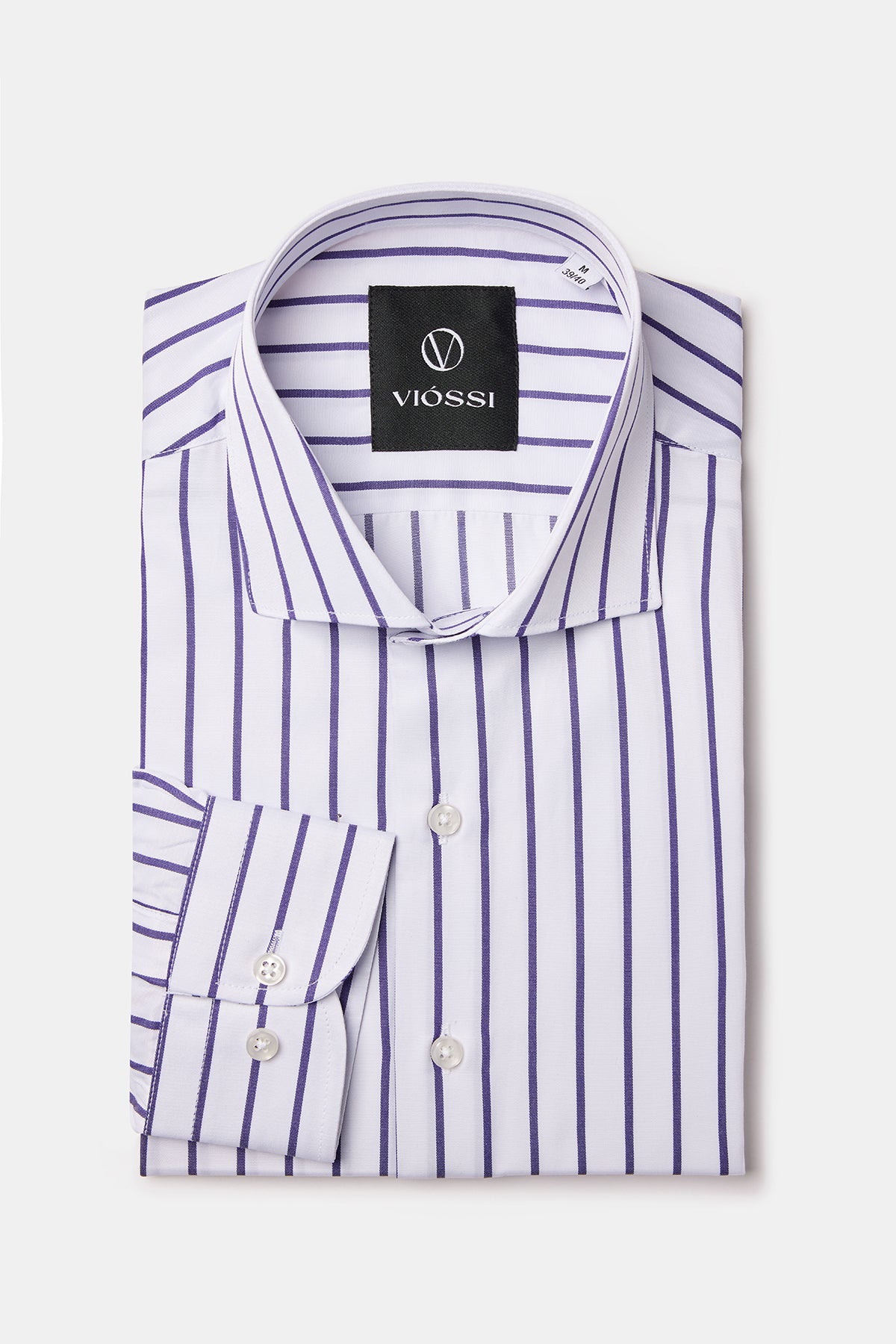 White-Purple Striped Spread Collar Shirt