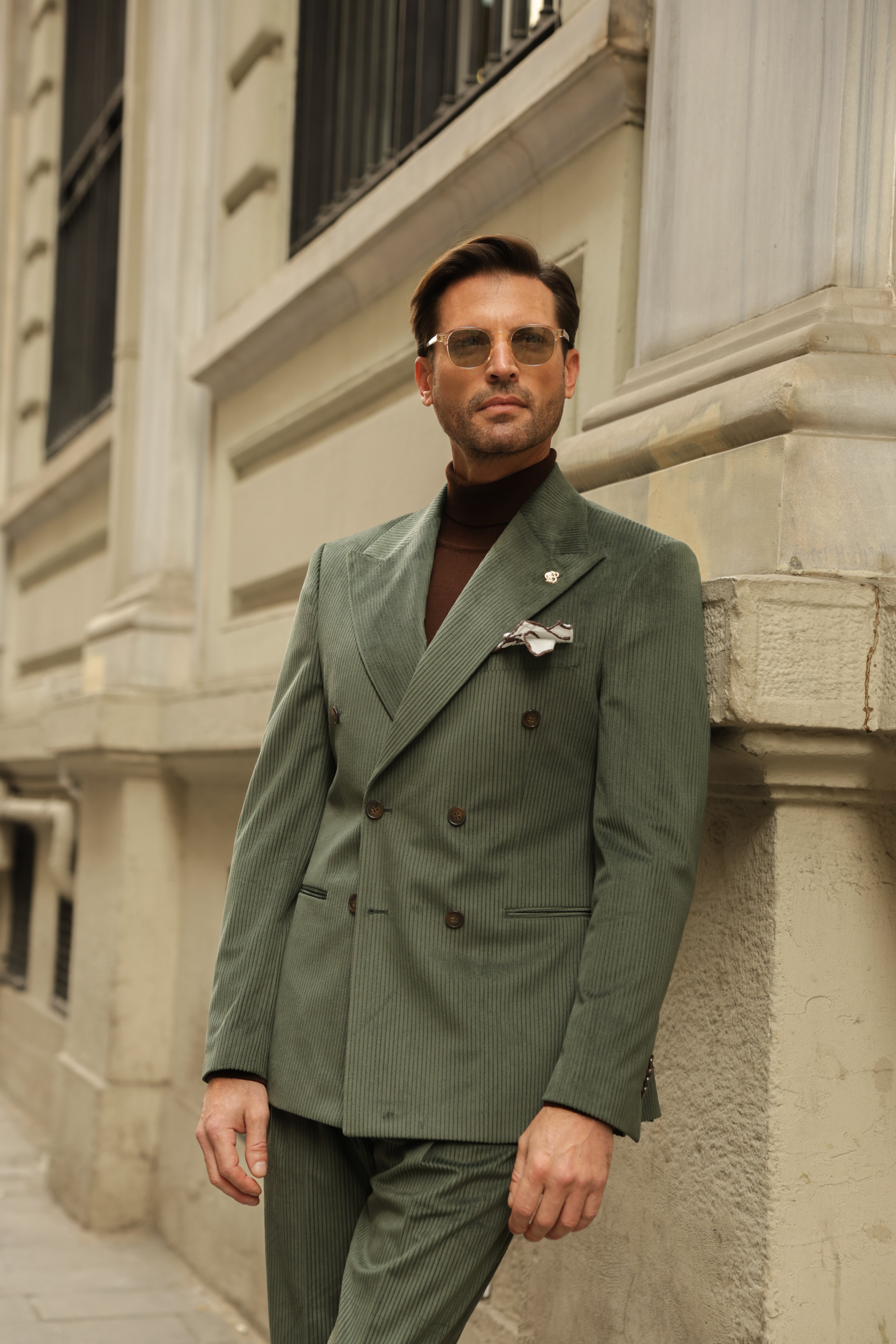 Khaki Velvet Double Breasted Suit 2-Piece