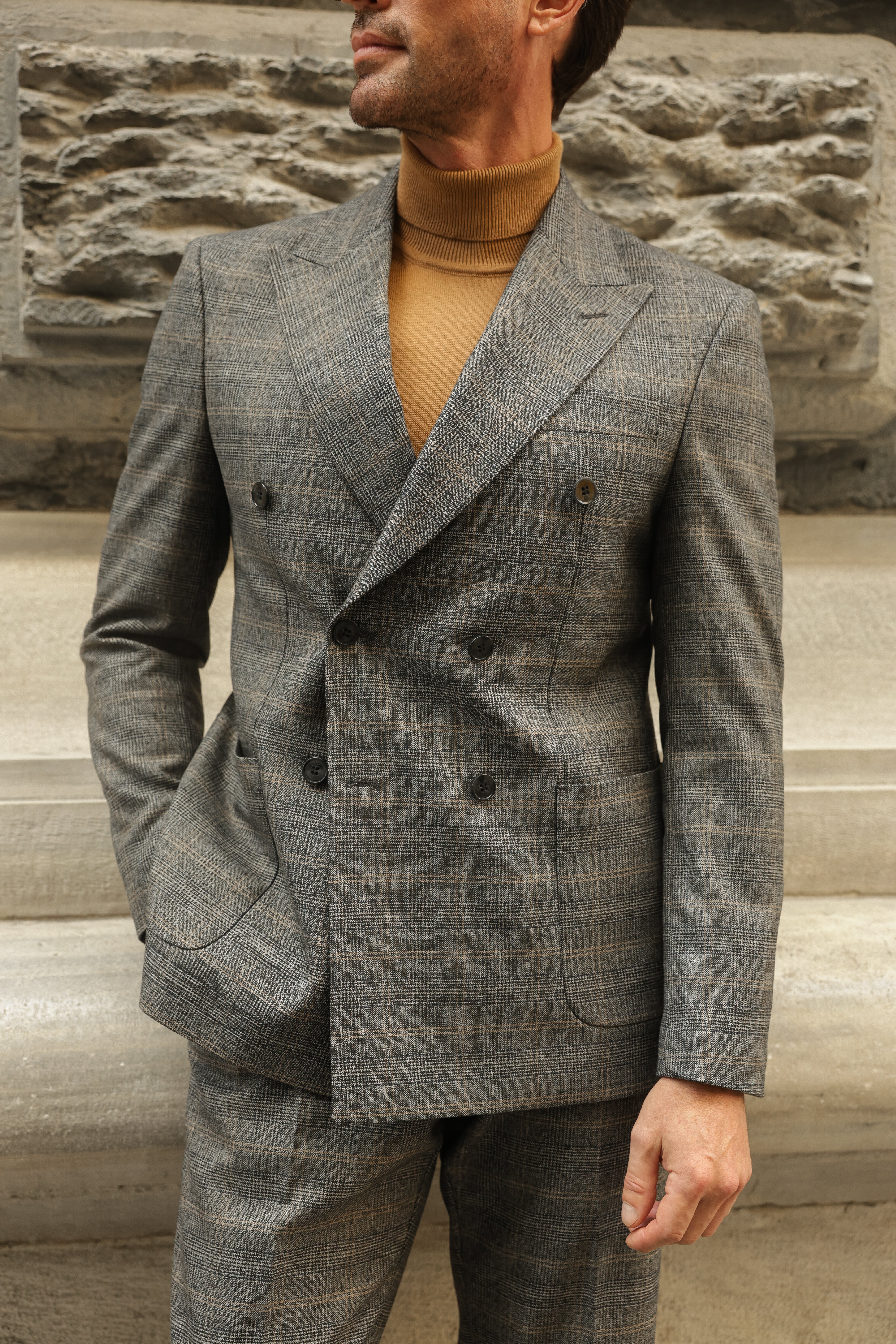 Grey Plaid Double Breasted Suit 2-Piece