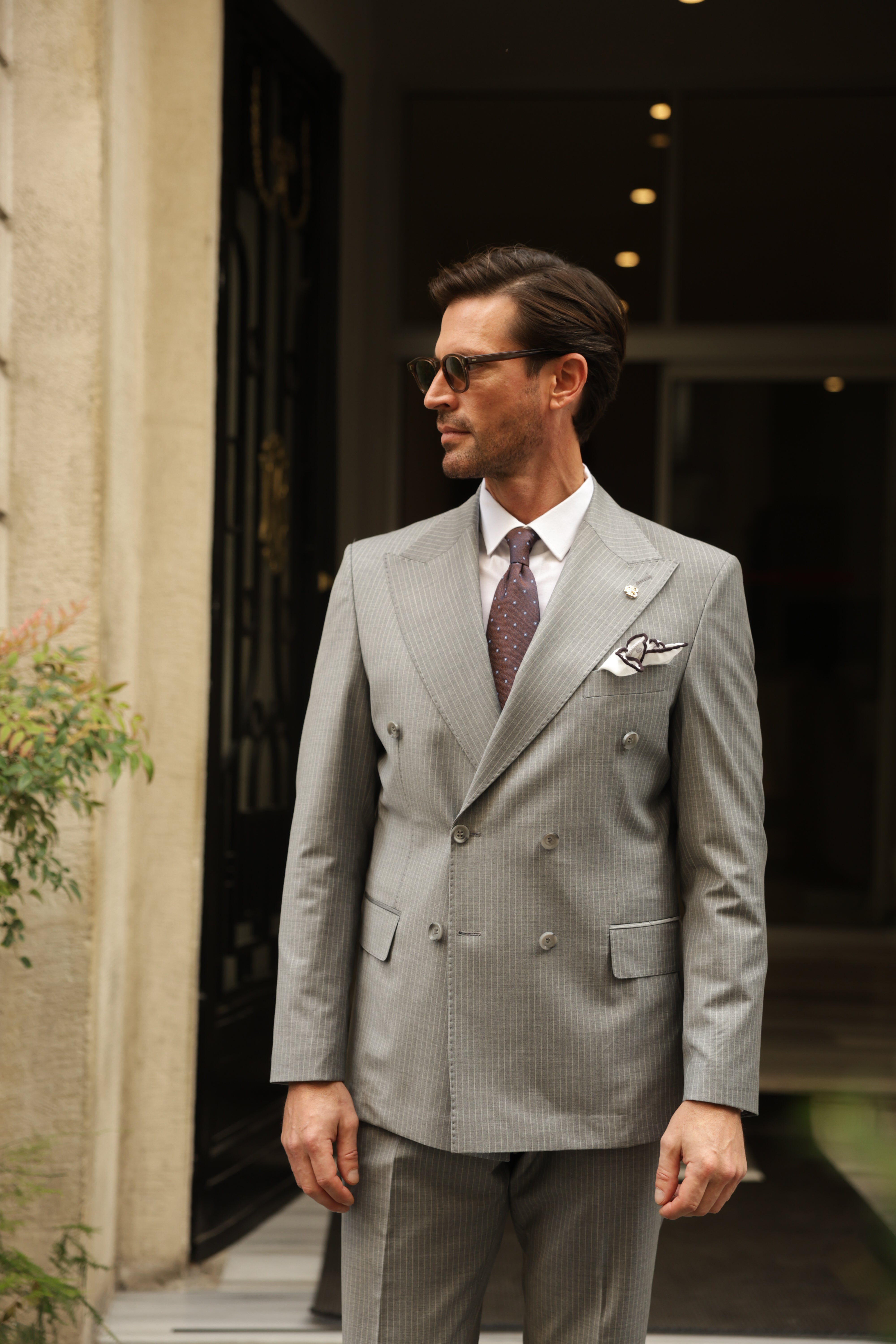 Grey Striped Double Breasted Suit 2-Piece