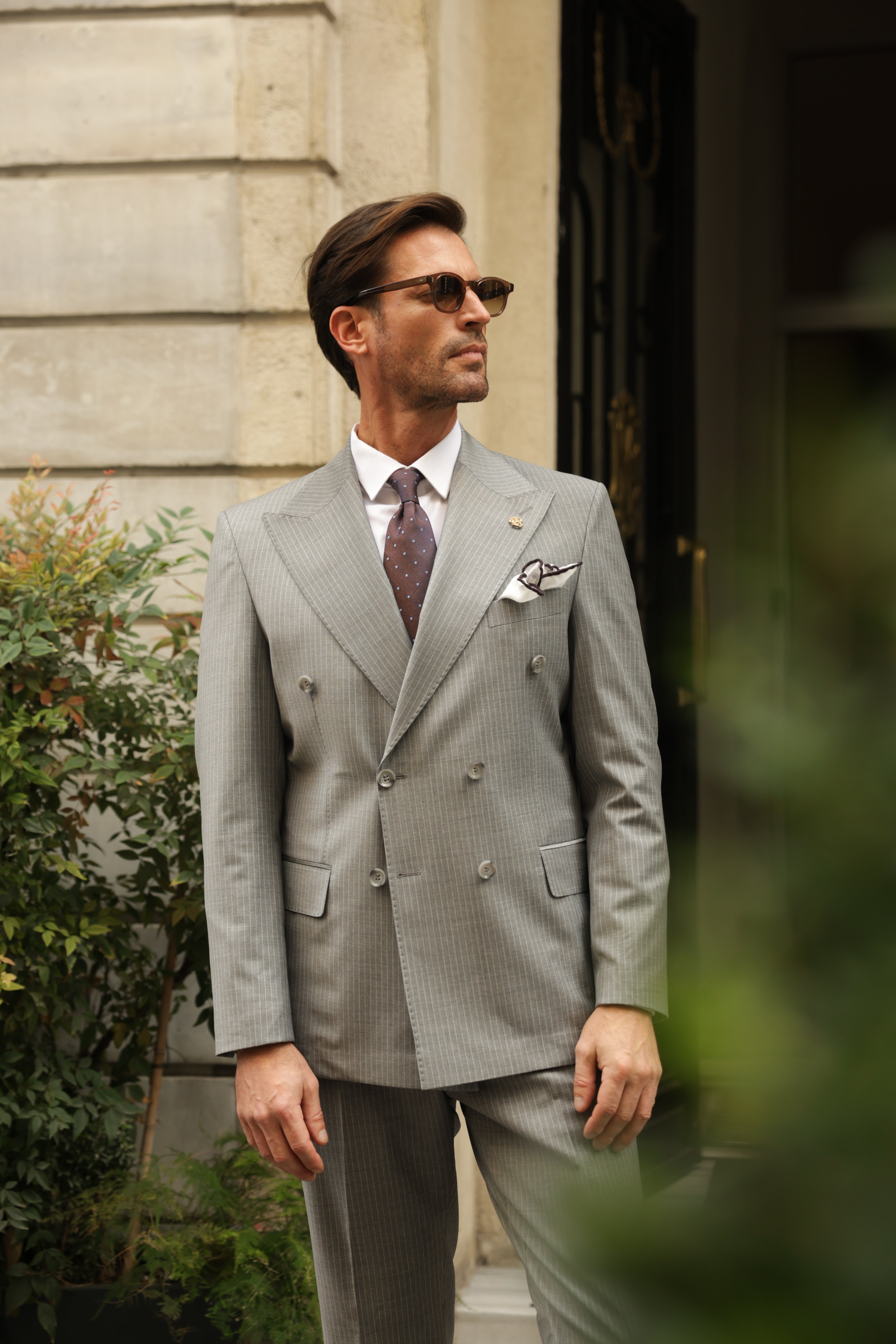 Grey Striped Double Breasted Suit 2-Piece