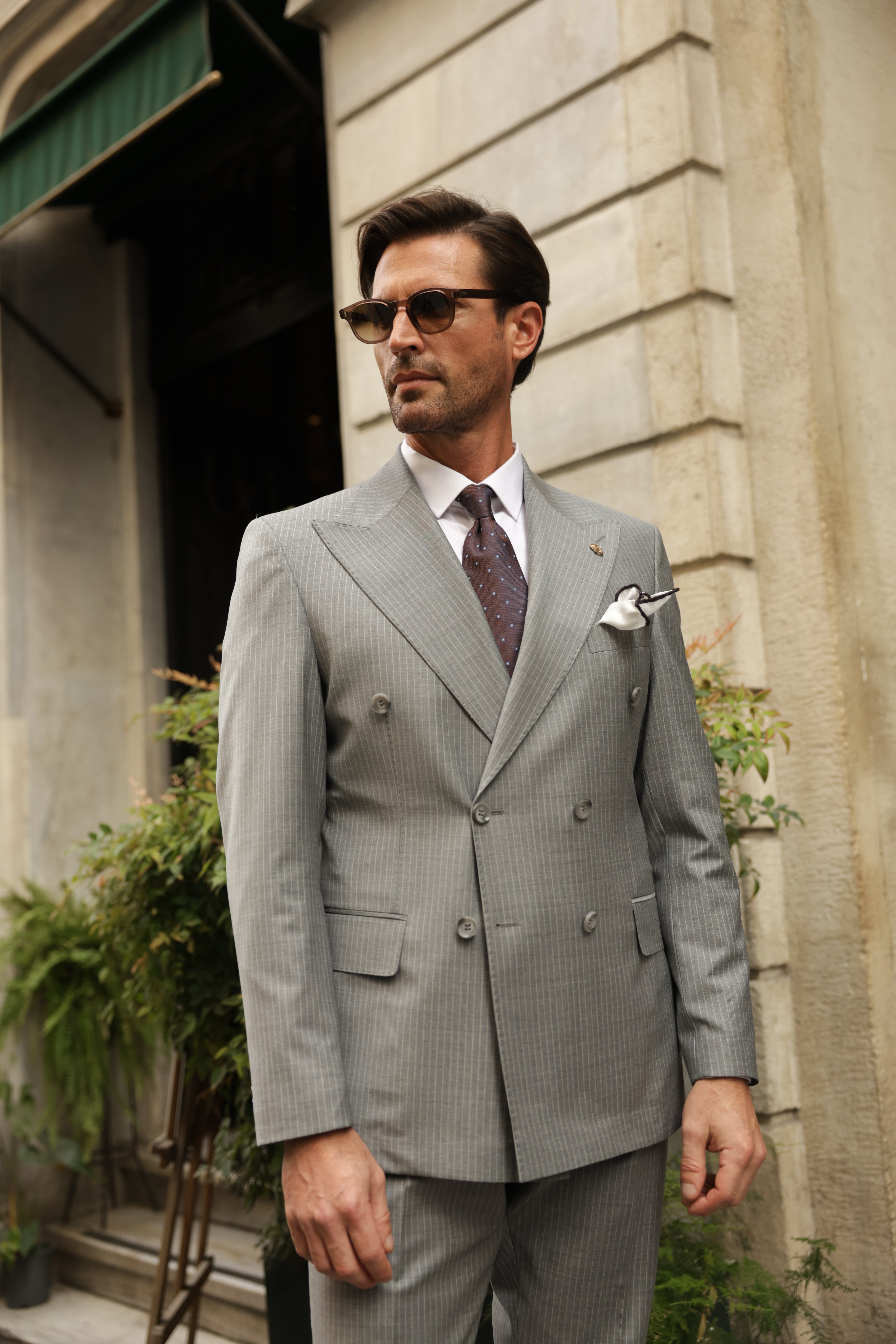 Grey Striped Double Breasted Suit 2-Piece