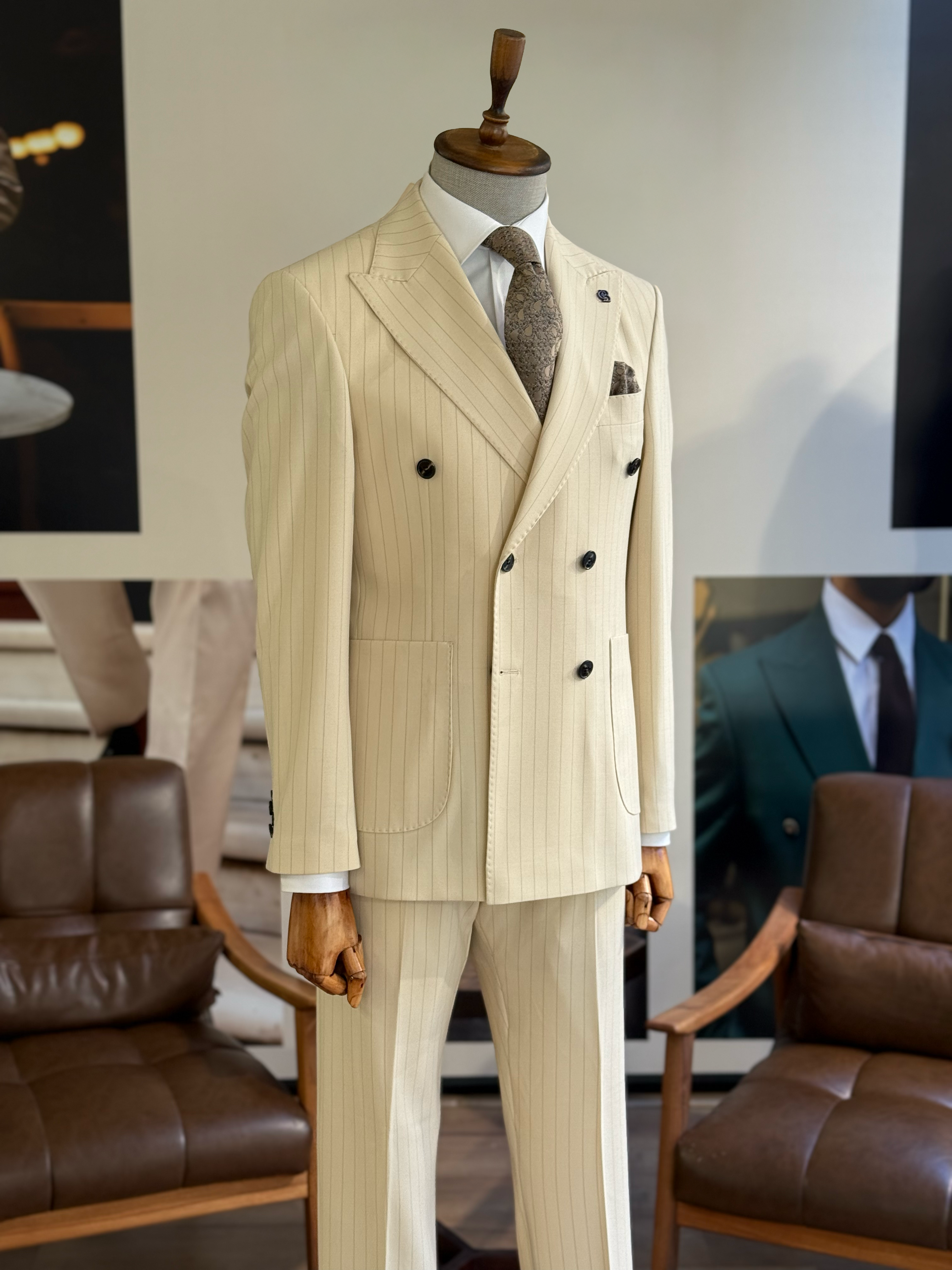Camel Striped Double Breasted Suit 2-Piece