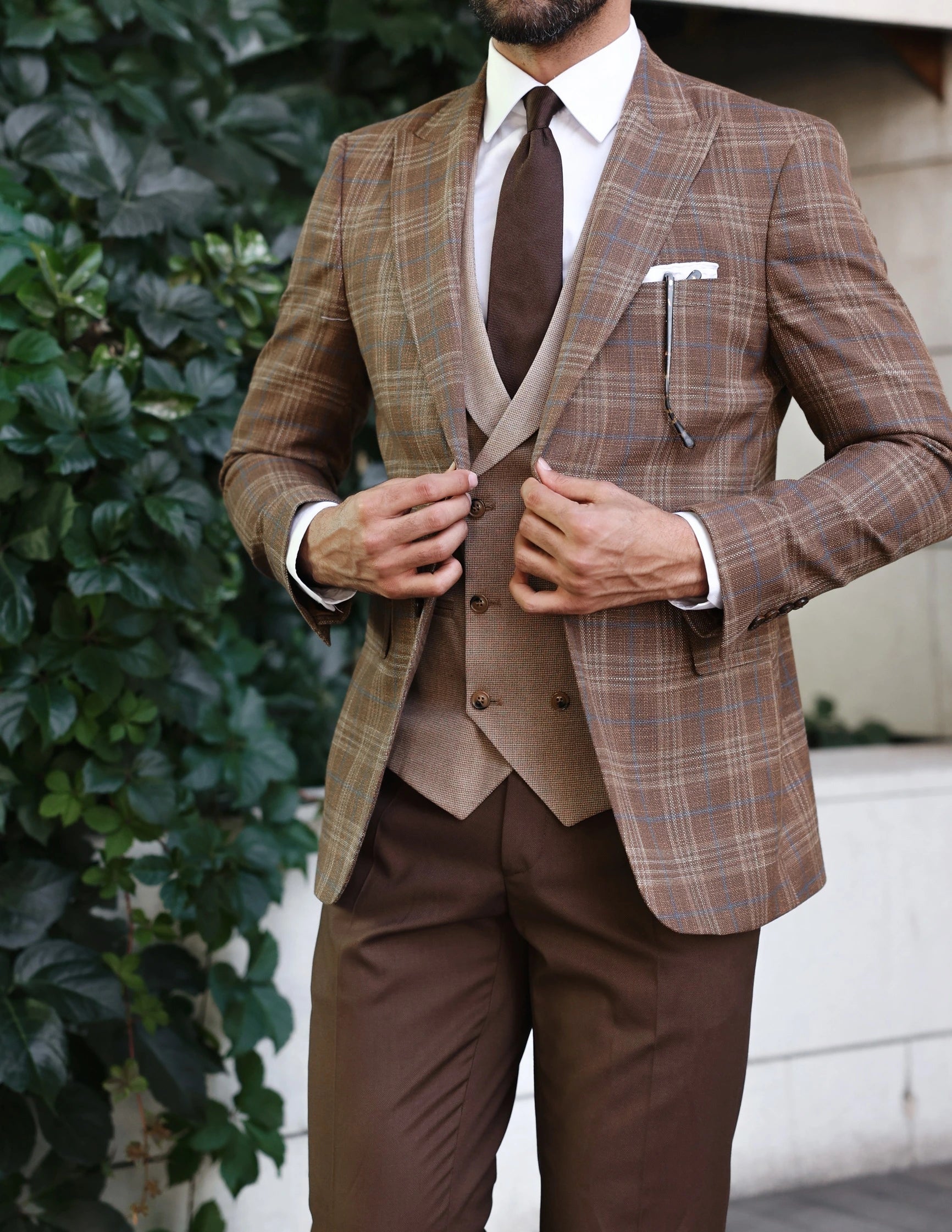 Brown Plaid Slim-Fit Suit 3-Piece