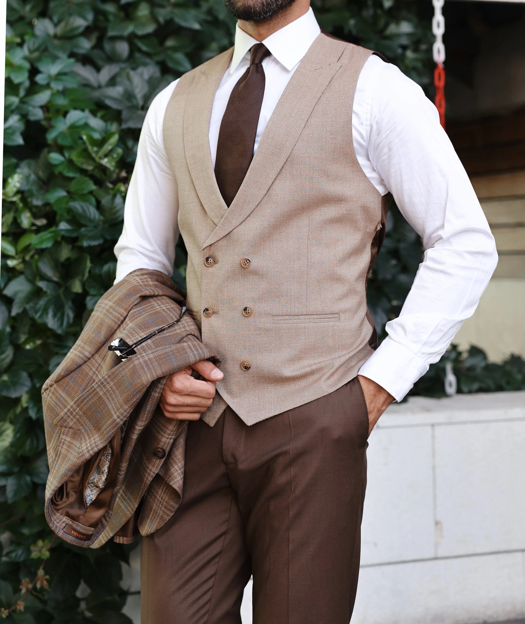 Brown Plaid Slim-Fit Suit 3-Piece