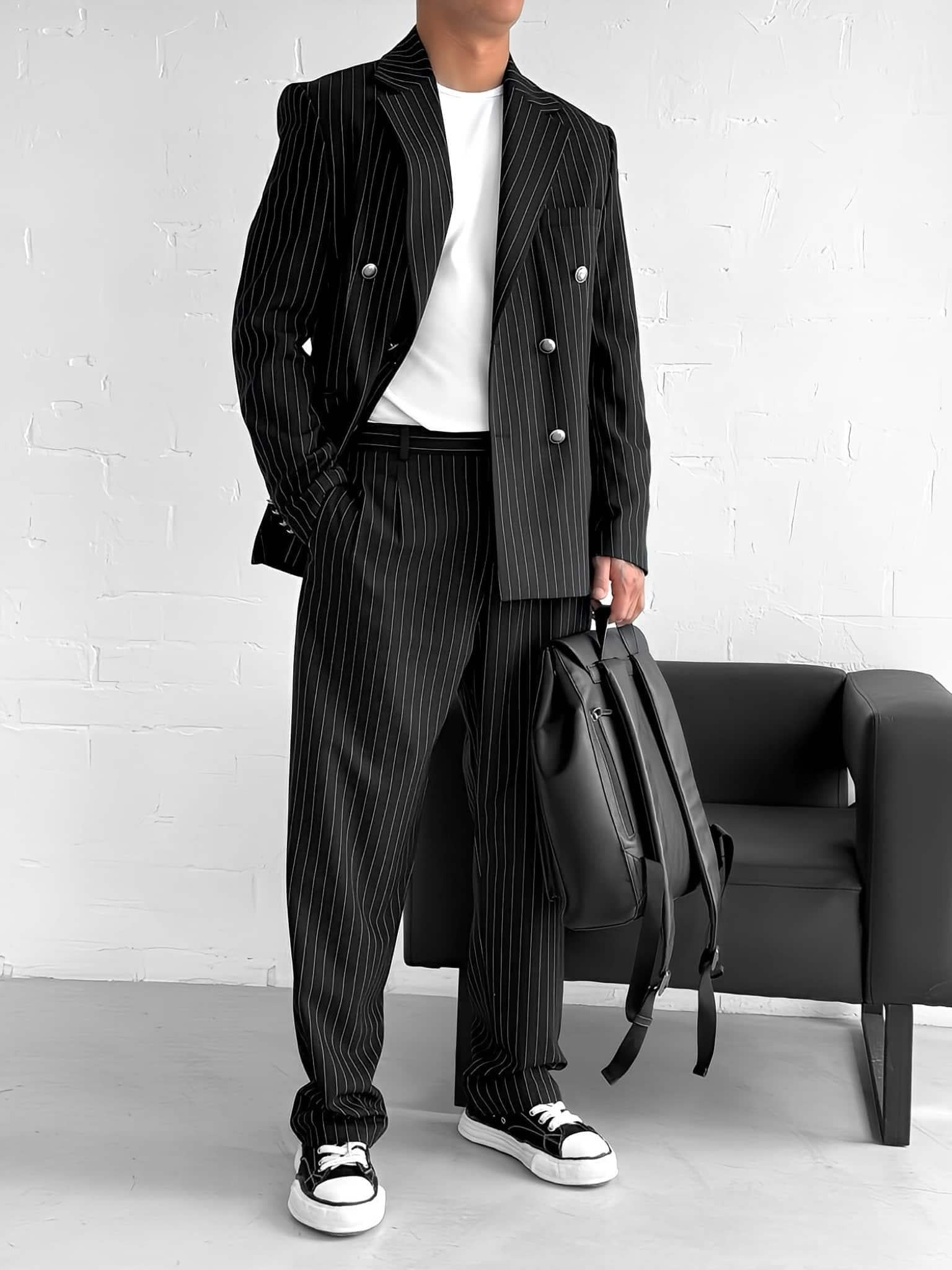 Black Striped Double Breasted Oversized Suit 2-Piece