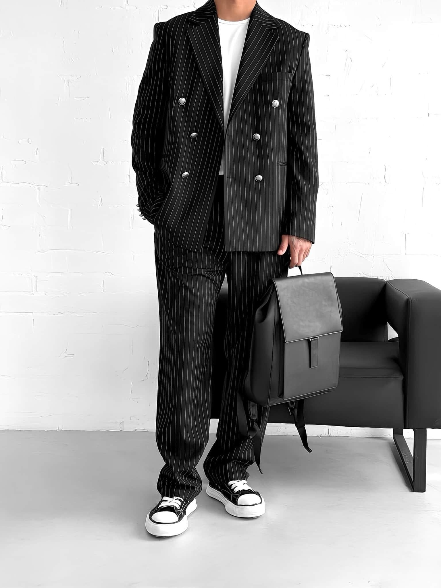 Black Striped Double Breasted Oversized Suit 2-Piece