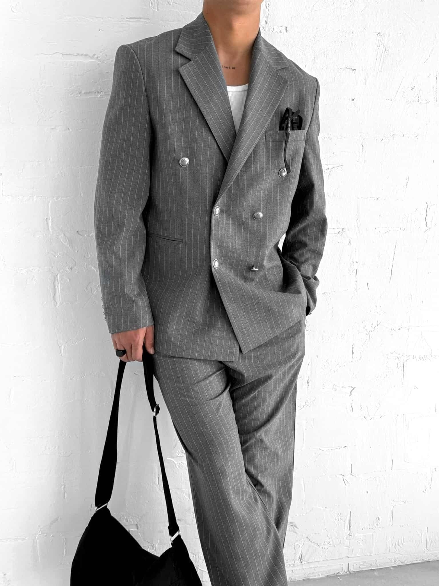 VIOSSI grey striped tuxedo double breasted oversized suit 2-piece set shown from front view on model