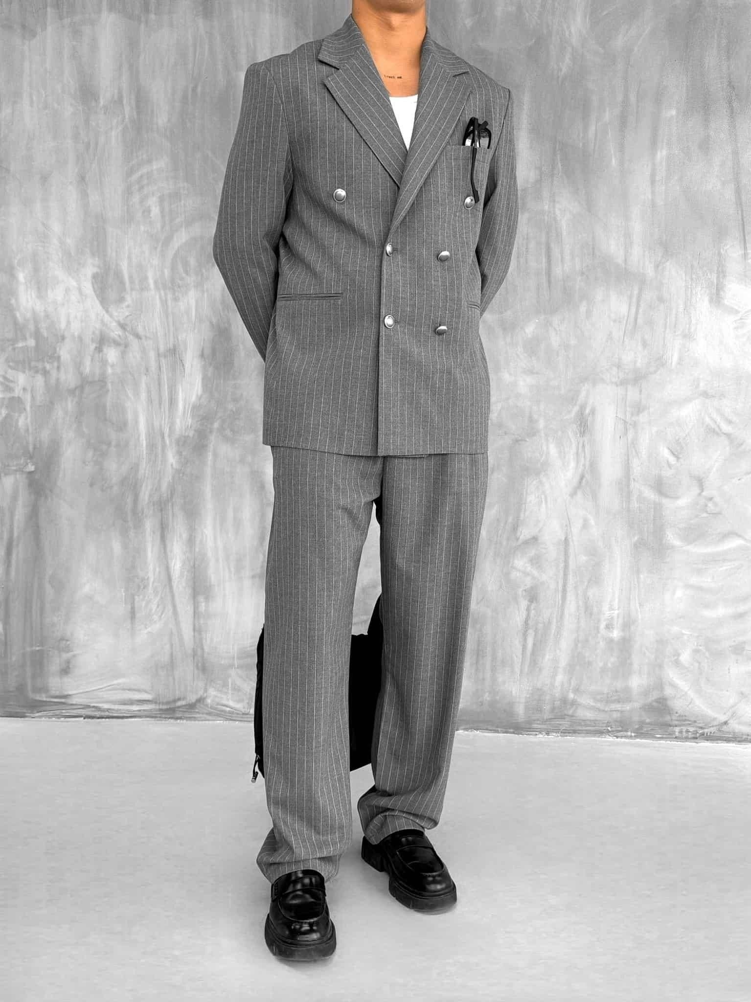 Grey Striped Double Breasted Oversized Suit 2-Piece