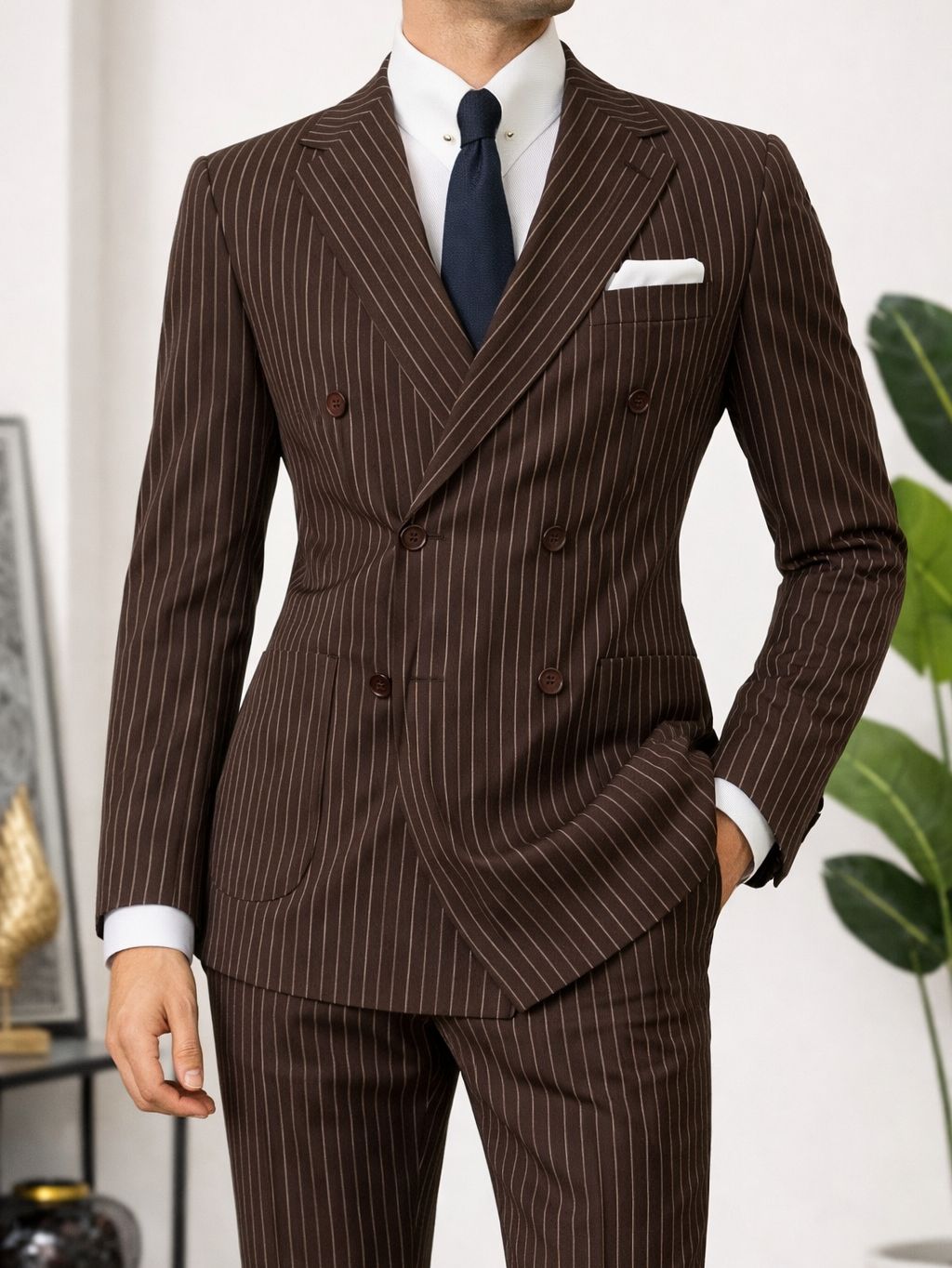 Brown Striped Double Breasted Suit 2-Piece