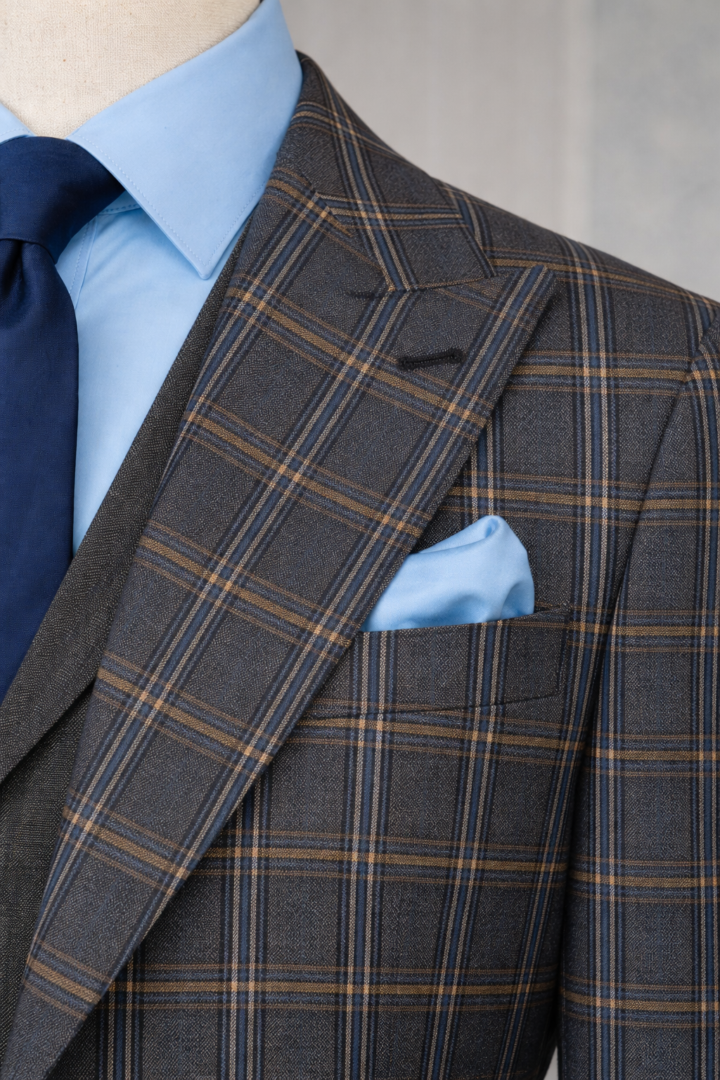 VIOSSI Navy Plaid Slim-Fit Suit 3-Piece front view - italian suit styles for modern formal wear
