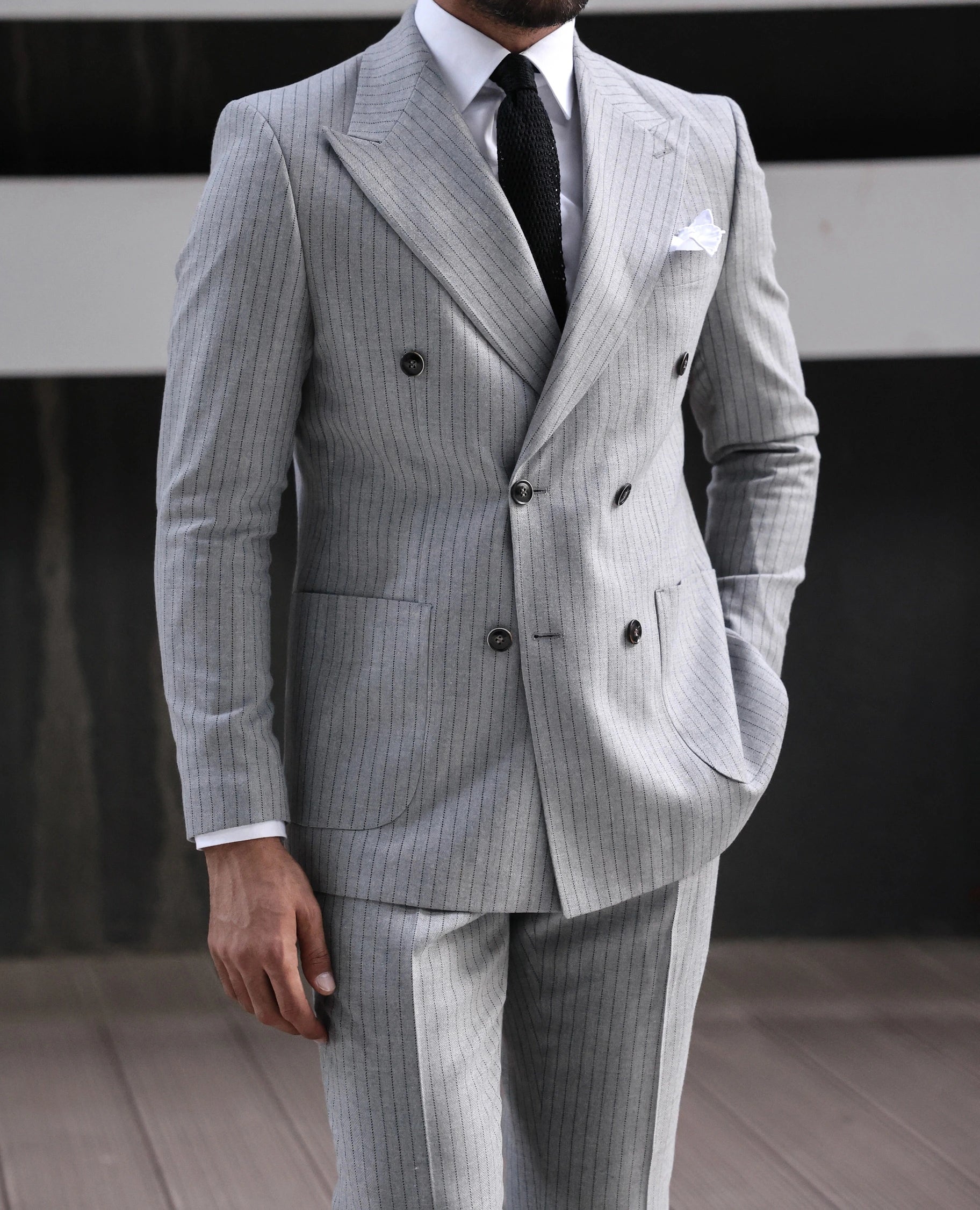 Grey Striped Double Breasted Suit 2-Piece