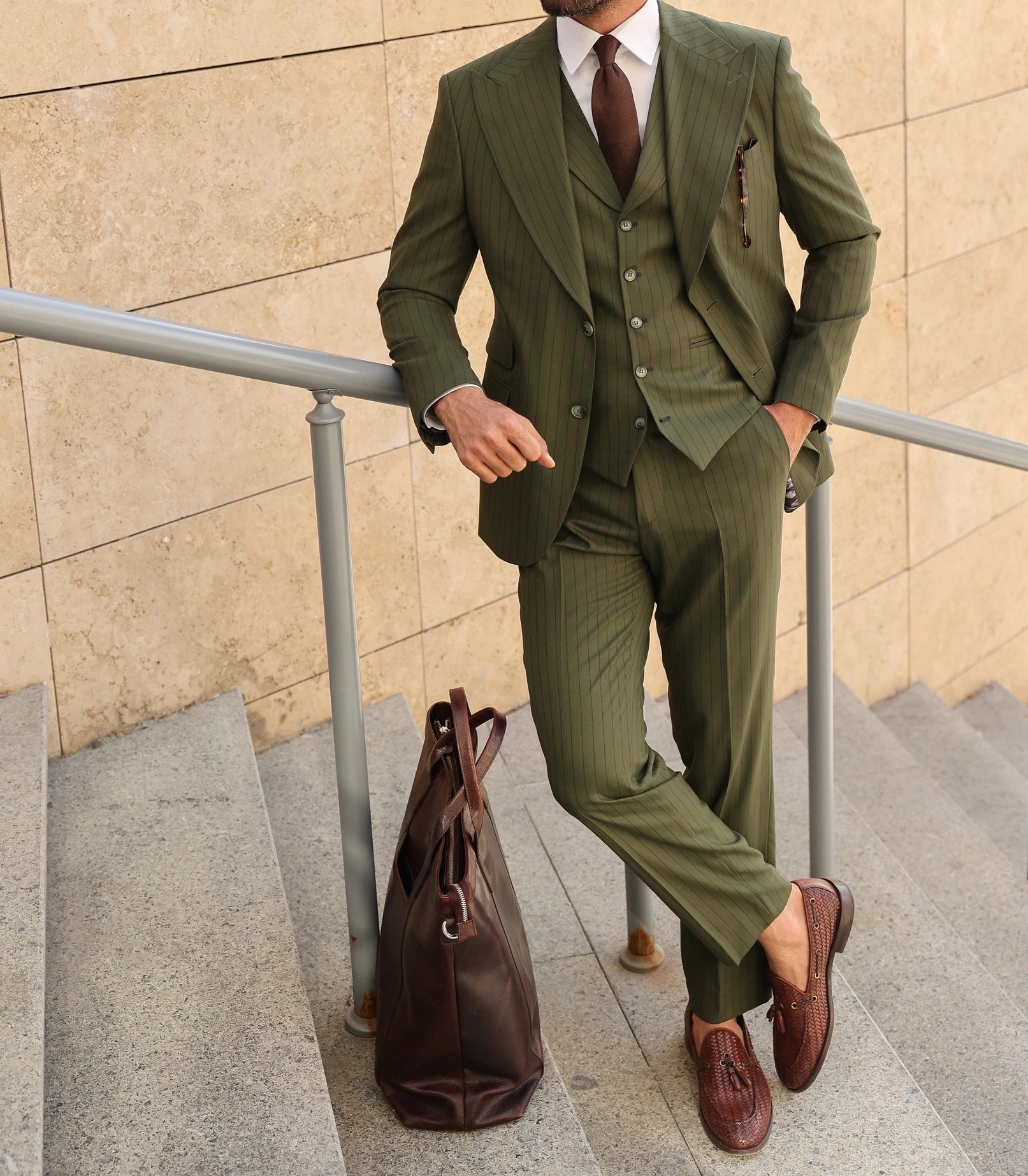 Khaki Striped Slim-Fit Suit 3-Piece