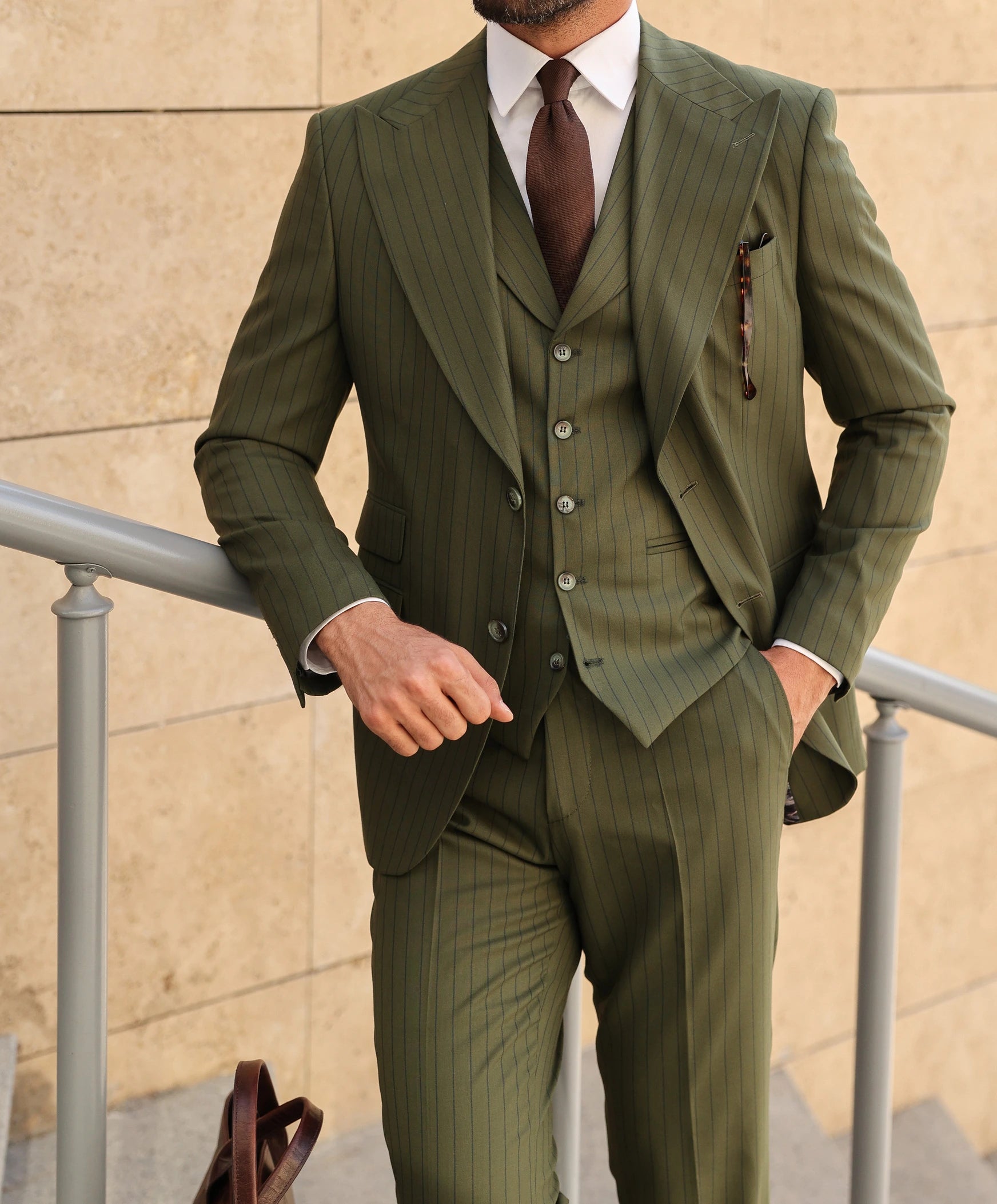 Khaki Striped Slim-Fit Suit 3-Piece