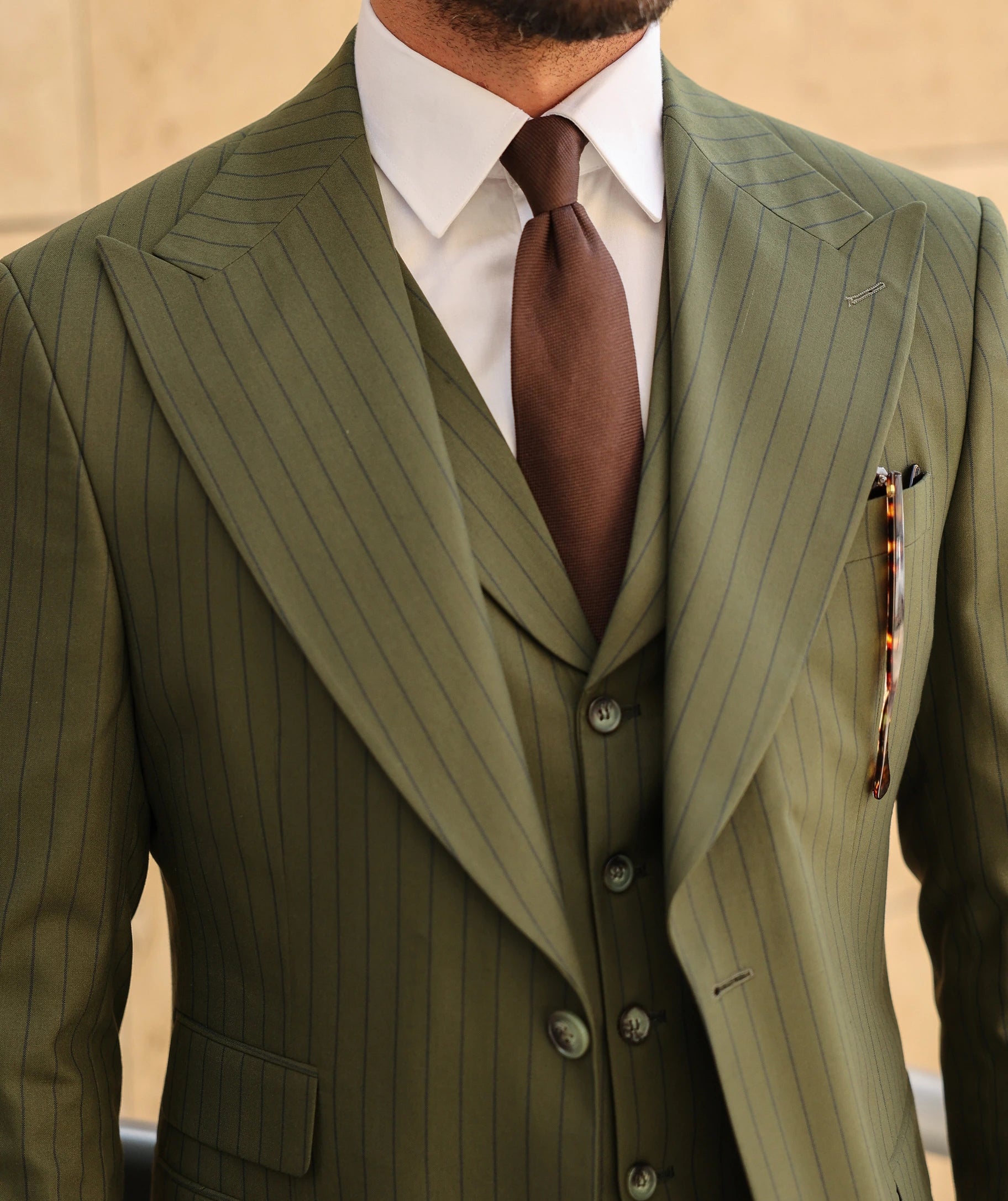 Khaki Striped Slim-Fit Suit 3-Piece