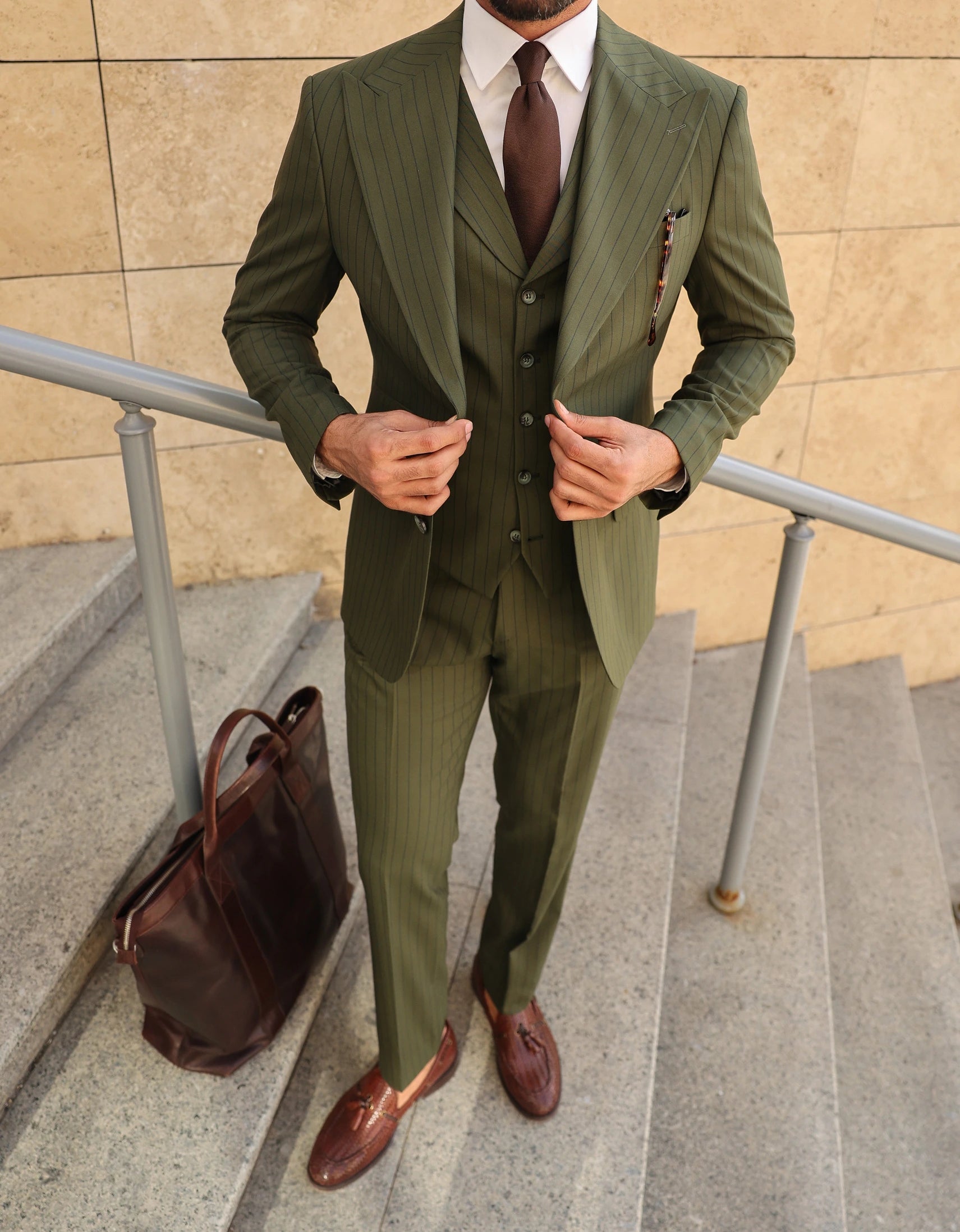 Khaki Striped Slim-Fit Suit 3-Piece