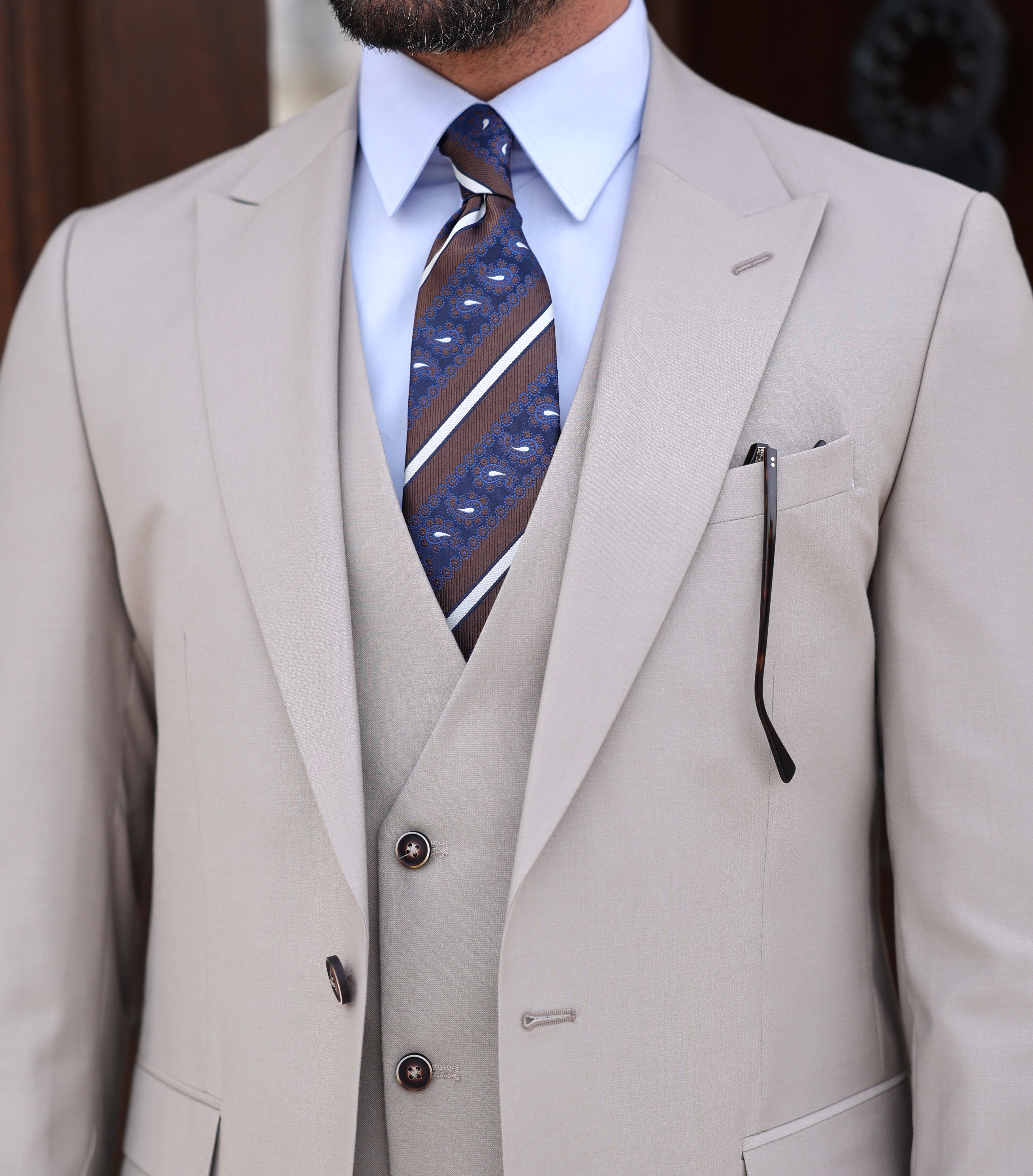 Beige Slim-Fit Suit 3-Piece