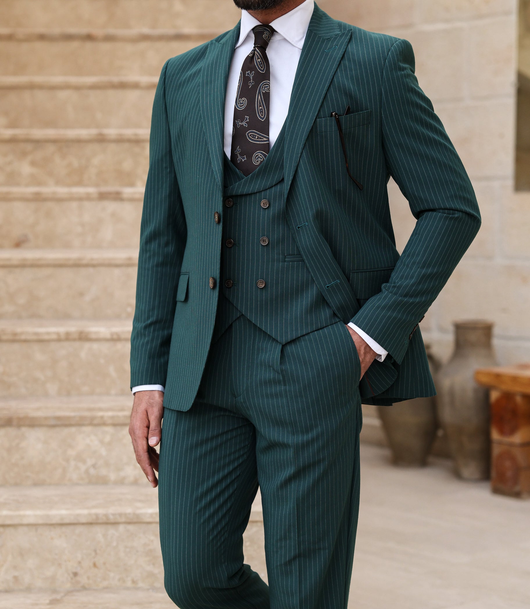 Green Striped Modern-Fit Suit 3-Piece