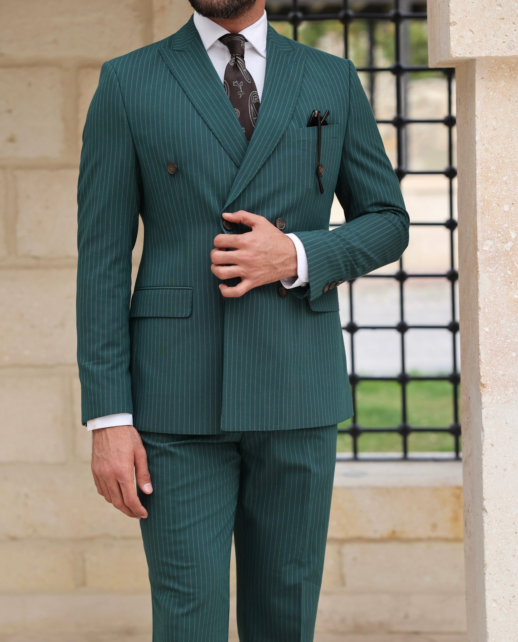 Green Striped Double Breasted Suit 2-Piece