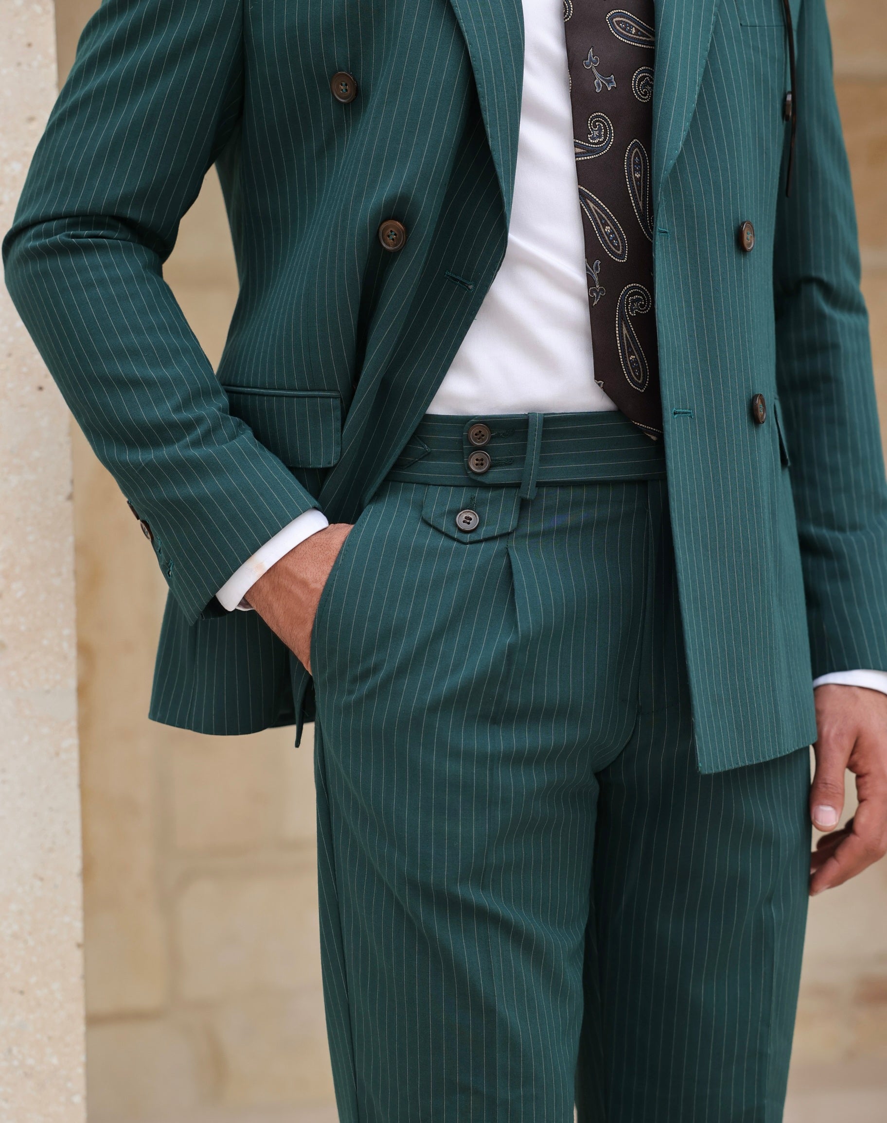 Green Striped Double Breasted Suit 2-Piece