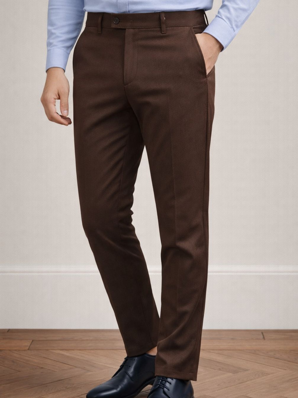 Brown Mid Waist Slim-Fit Pants