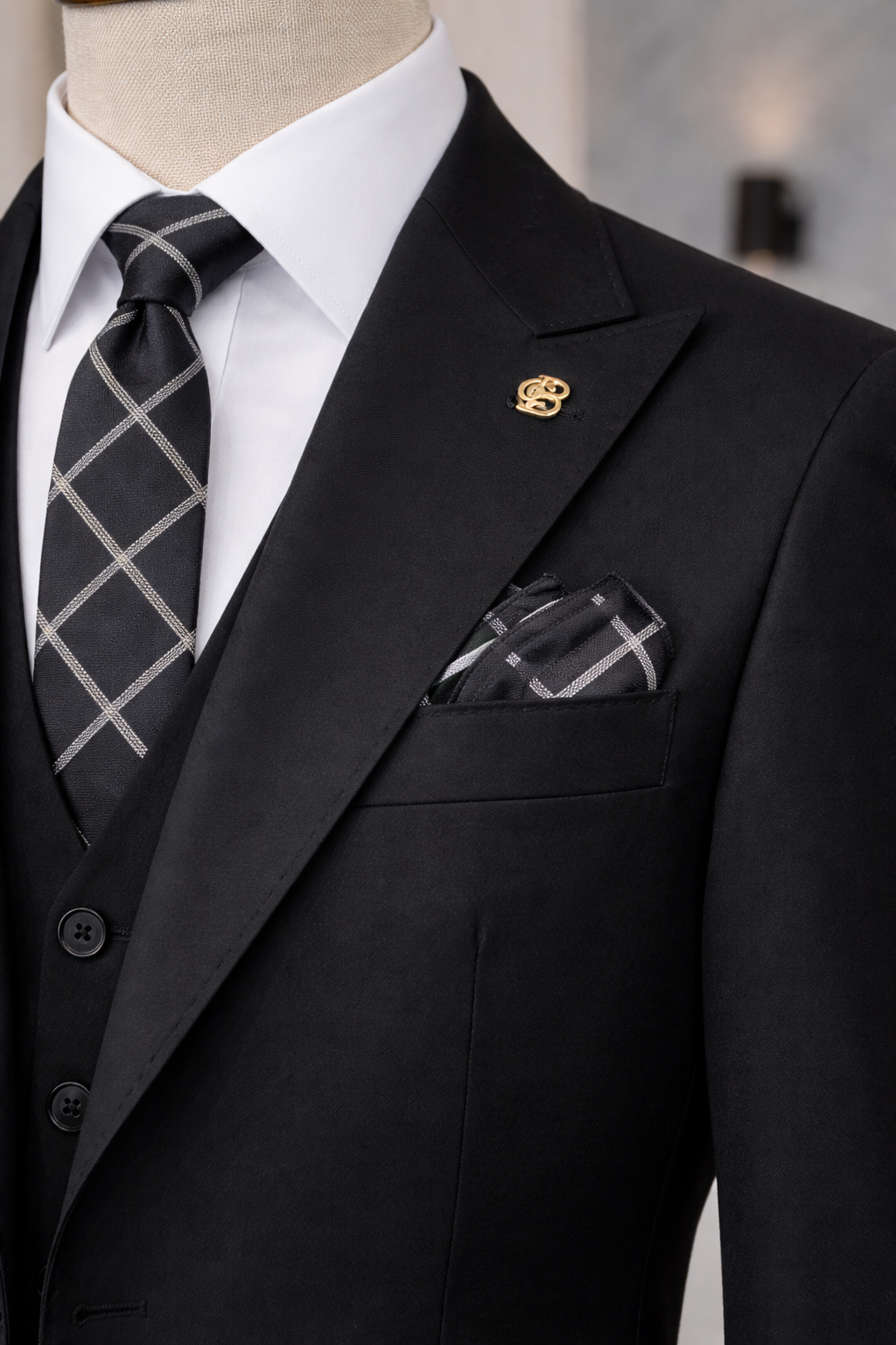 VIOSSI Black Slim-Fit Suit 3-Piece front view - italian suit styles formal menswear with jacket, vest and trousers