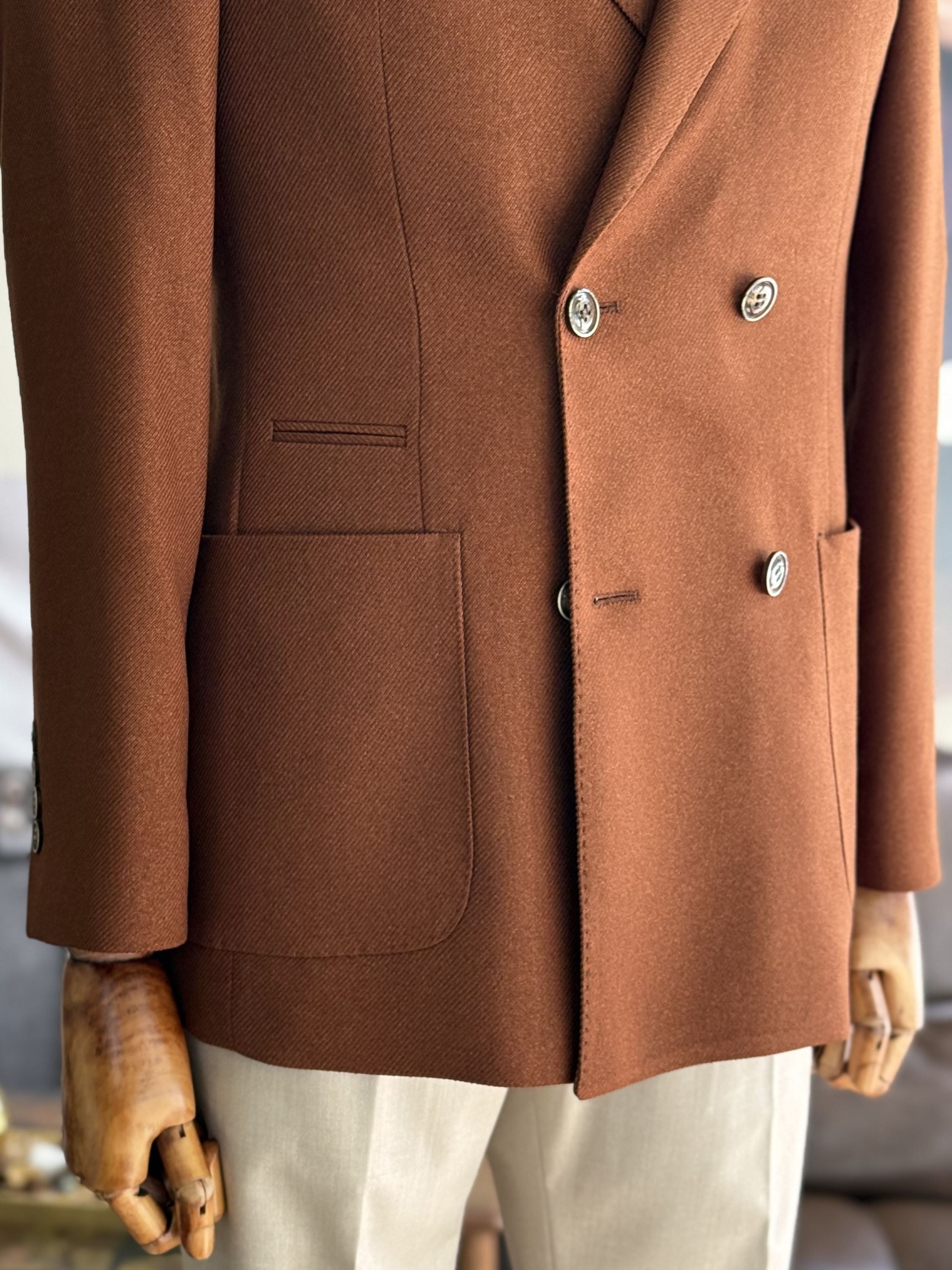 VIOSSI brown tuxedo double breasted blazer front view - classic men's formal jacket in rich brown color