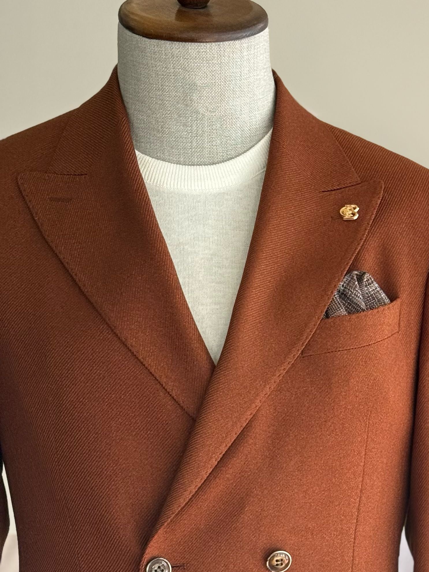 VIOSSI brown men double breasted blazer front view showing classic tailored fit and formal styling