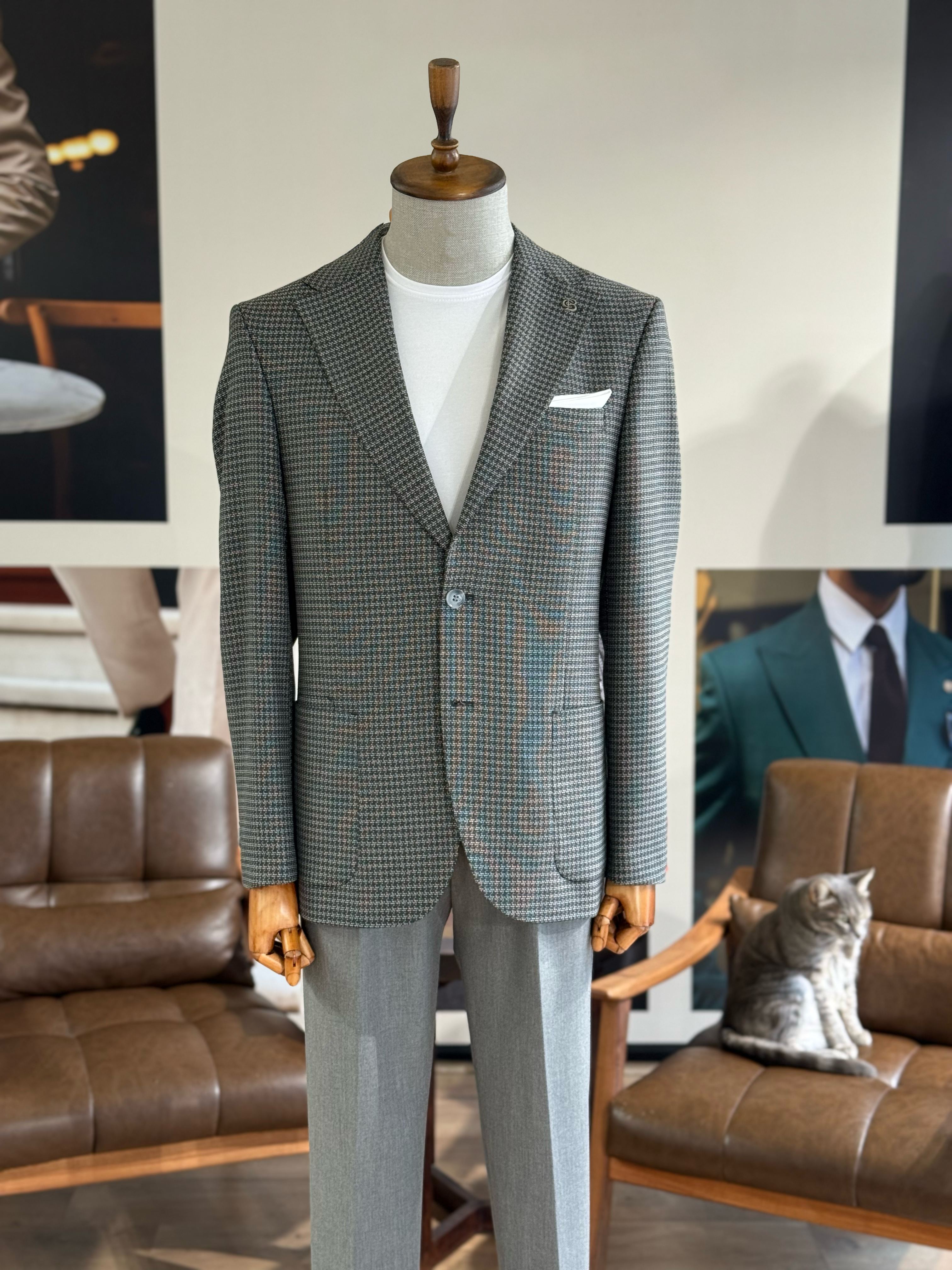 Grey Houndstooth Single Breasted Blazer