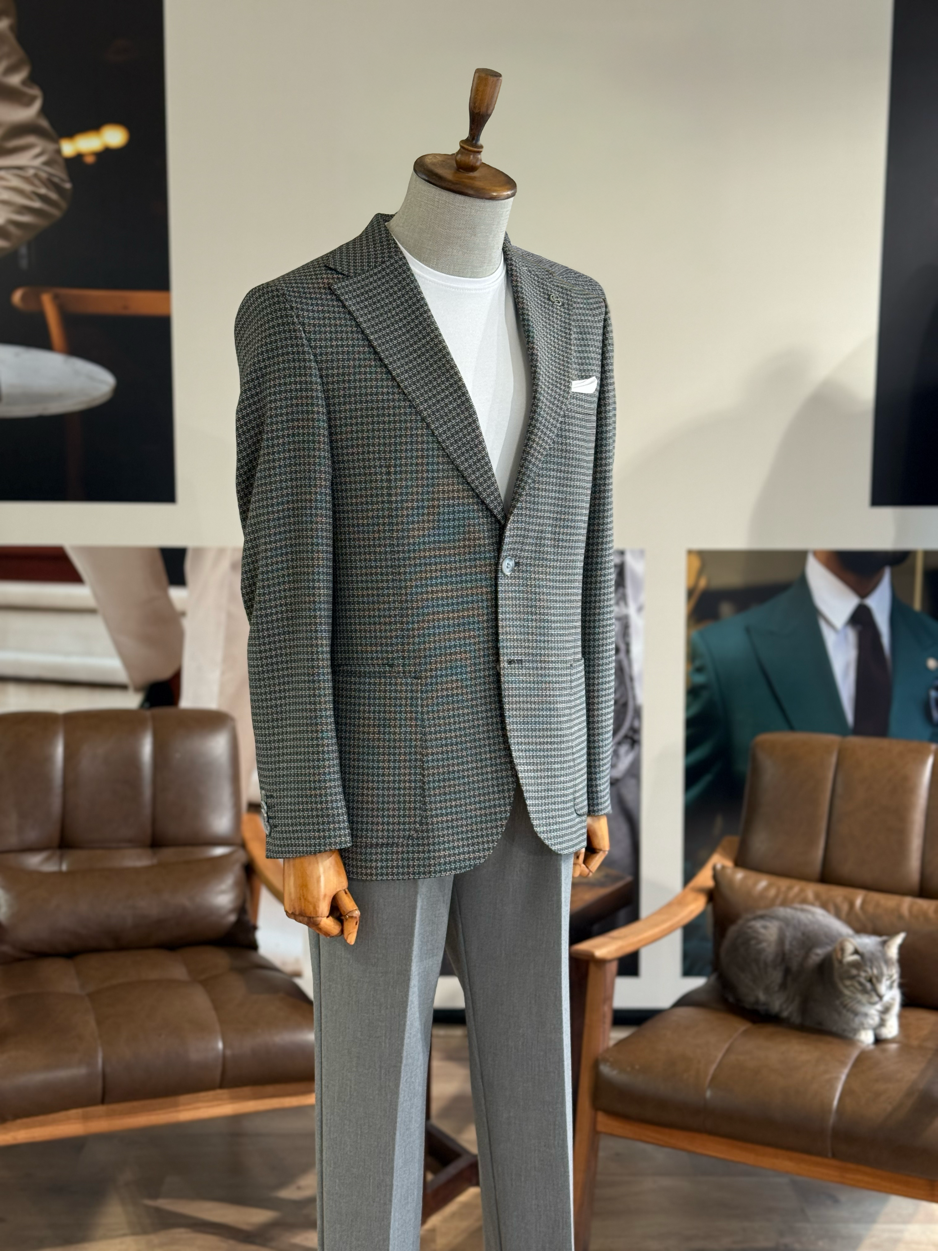 Grey Houndstooth Single Breasted Blazer