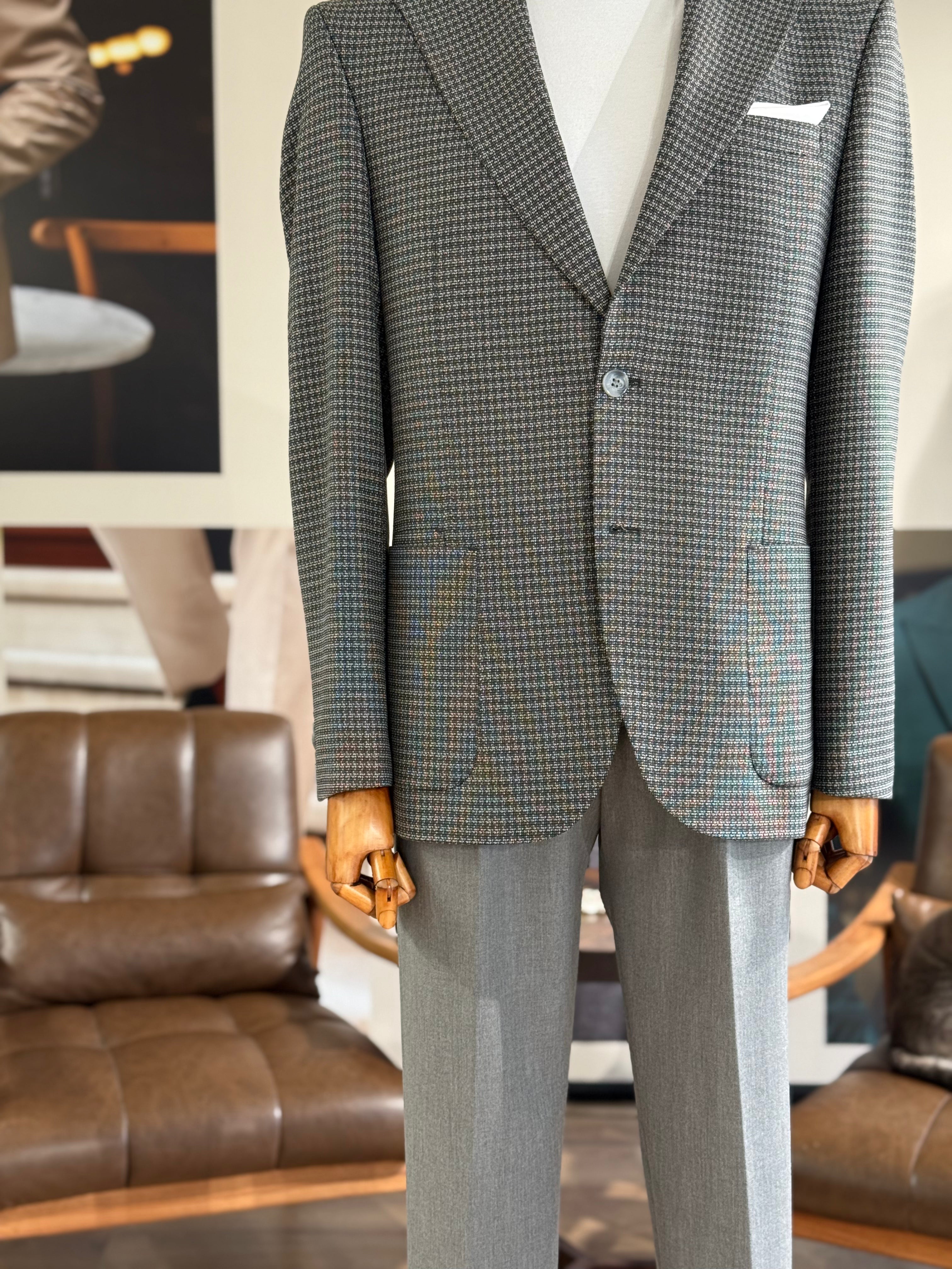 Grey Houndstooth Single Breasted Blazer
