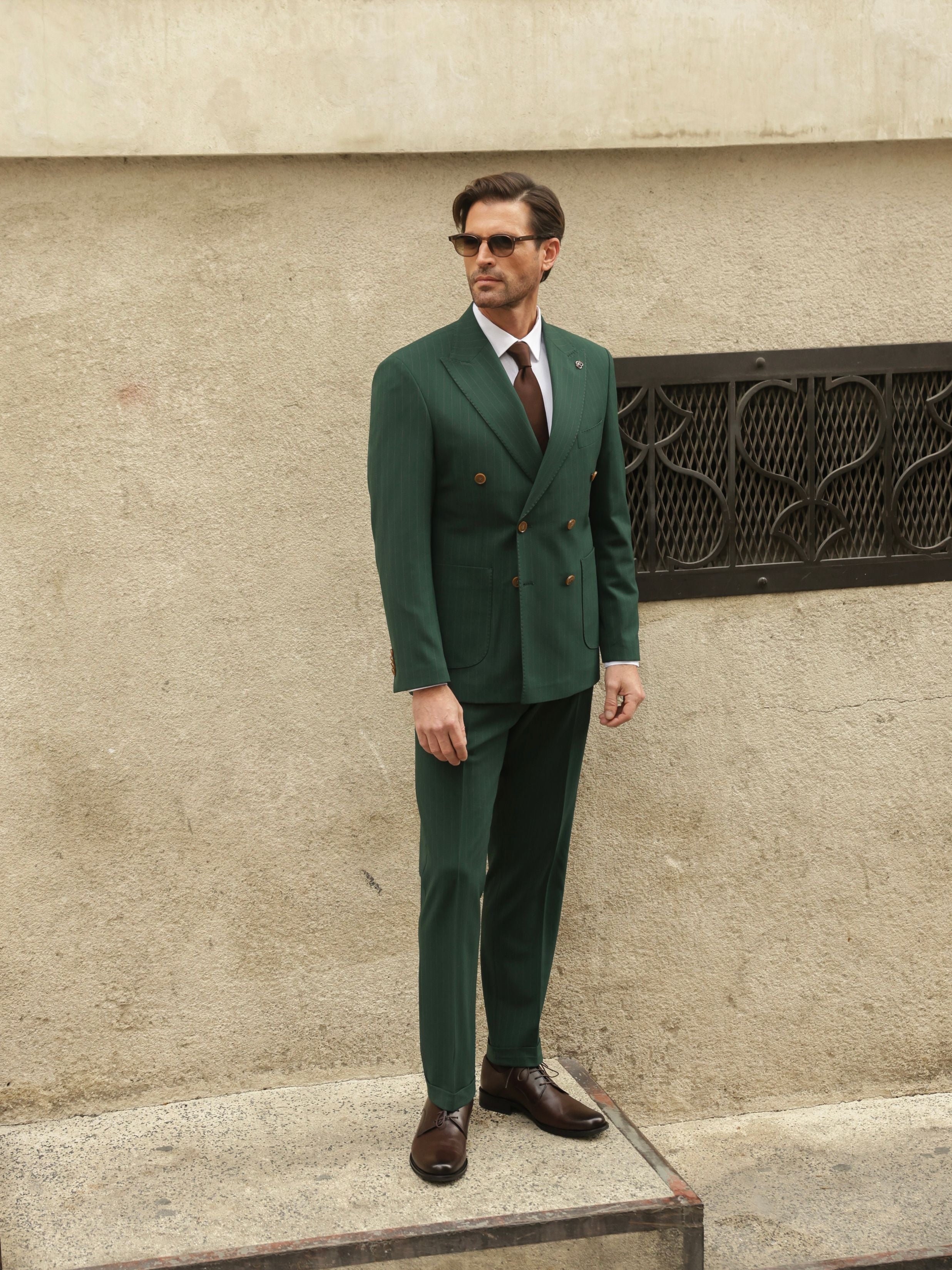 Green Striped Double Breasted Suit 2-Piece