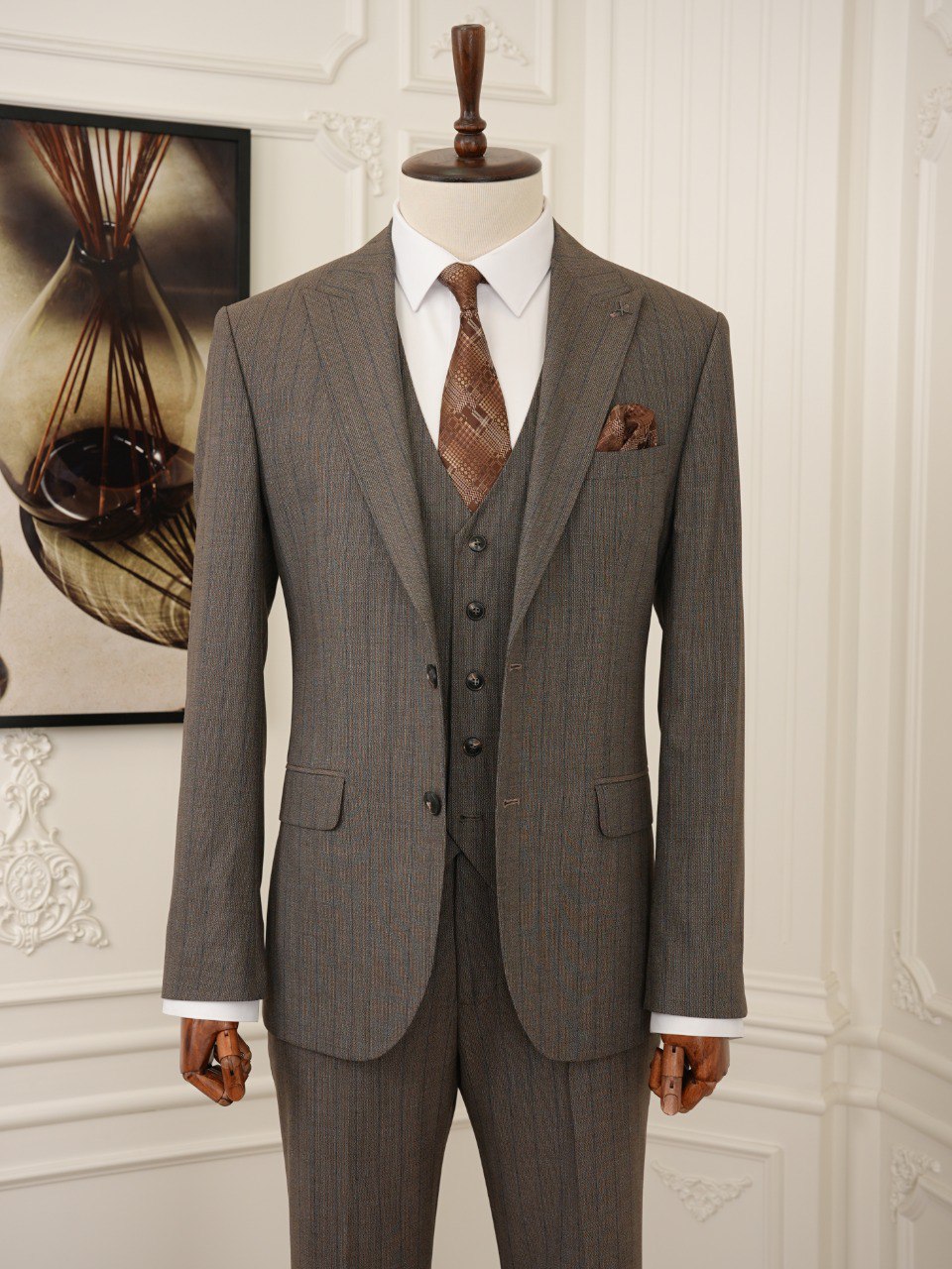 Brown Striped Slim-Fit Suit 3-Piece