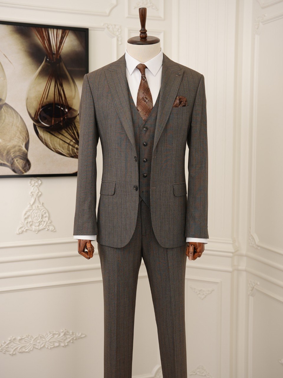 Brown Striped Slim-Fit Suit 3-Piece