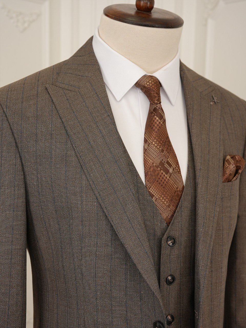 Brown Striped Slim-Fit Suit 3-Piece