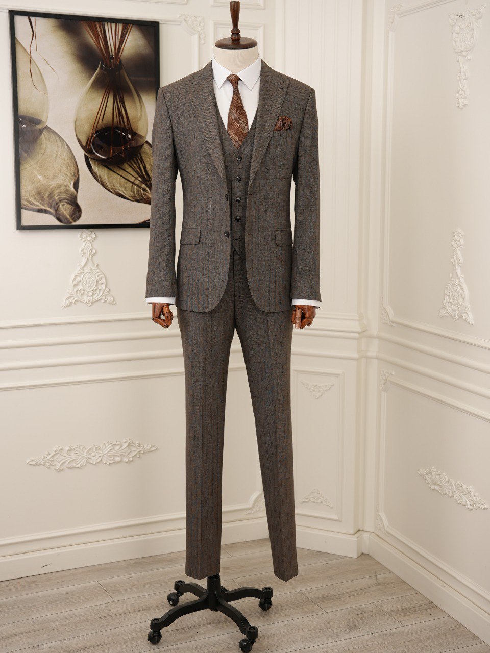 Brown Striped Slim-Fit Suit 3-Piece