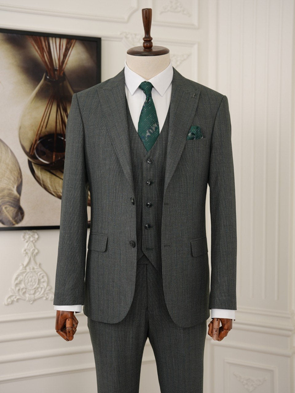 Green Striped Slim-Fit Suit 3-Piece