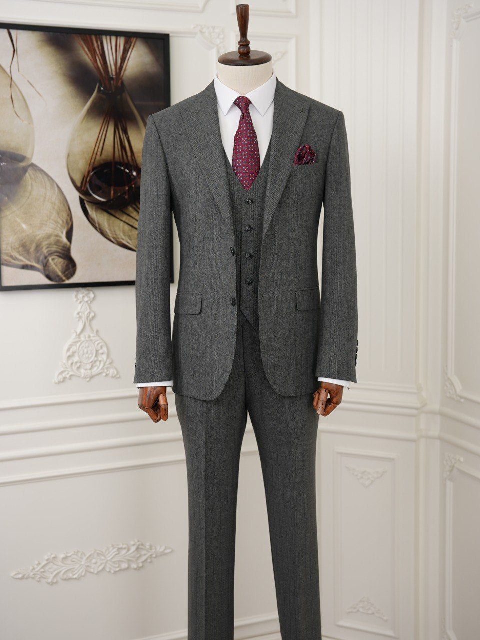 Grey Striped Slim-Fit Suit 3-Piece