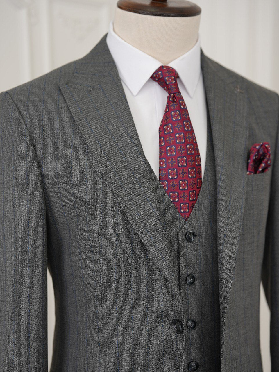 Grey Striped Slim-Fit Suit 3-Piece