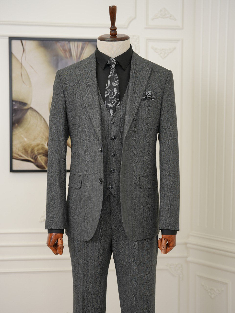 Grey Striped Slim-Fit Suit 3-Piece