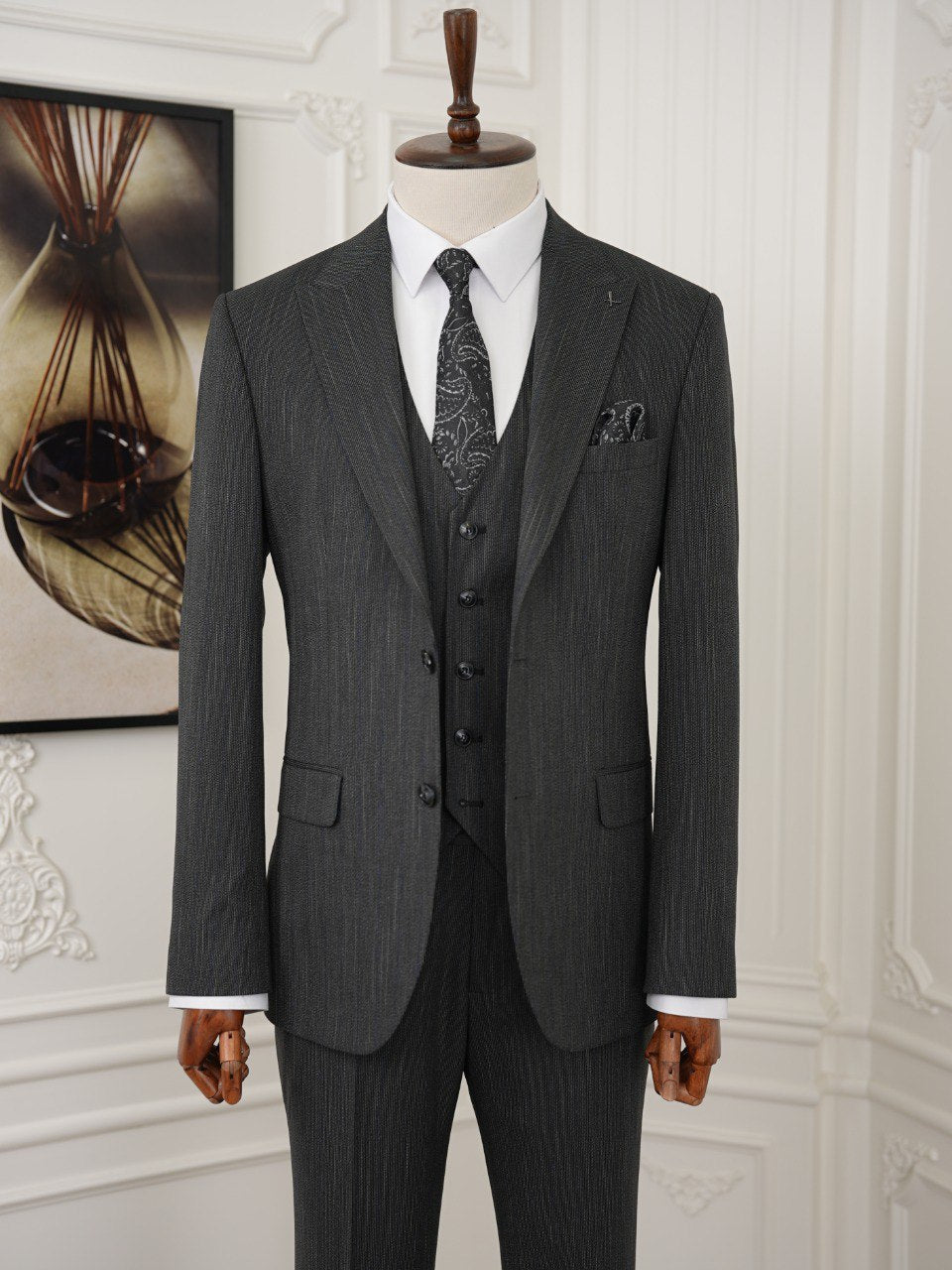 Grey Striped Slim-Fit Suit 3-Piece