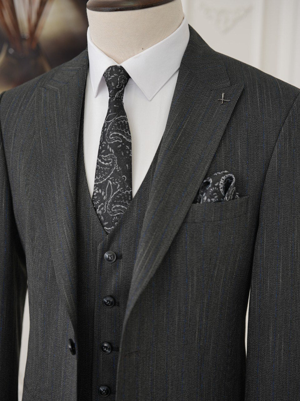 Grey Striped Slim-Fit Suit 3-Piece